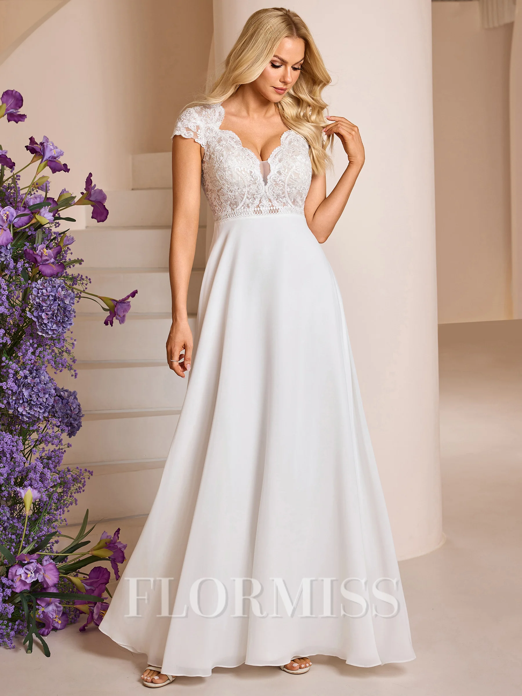 A-line V-neck Short Sleeves Appliques Lace Floor-Length Chiffon Wedding Dress