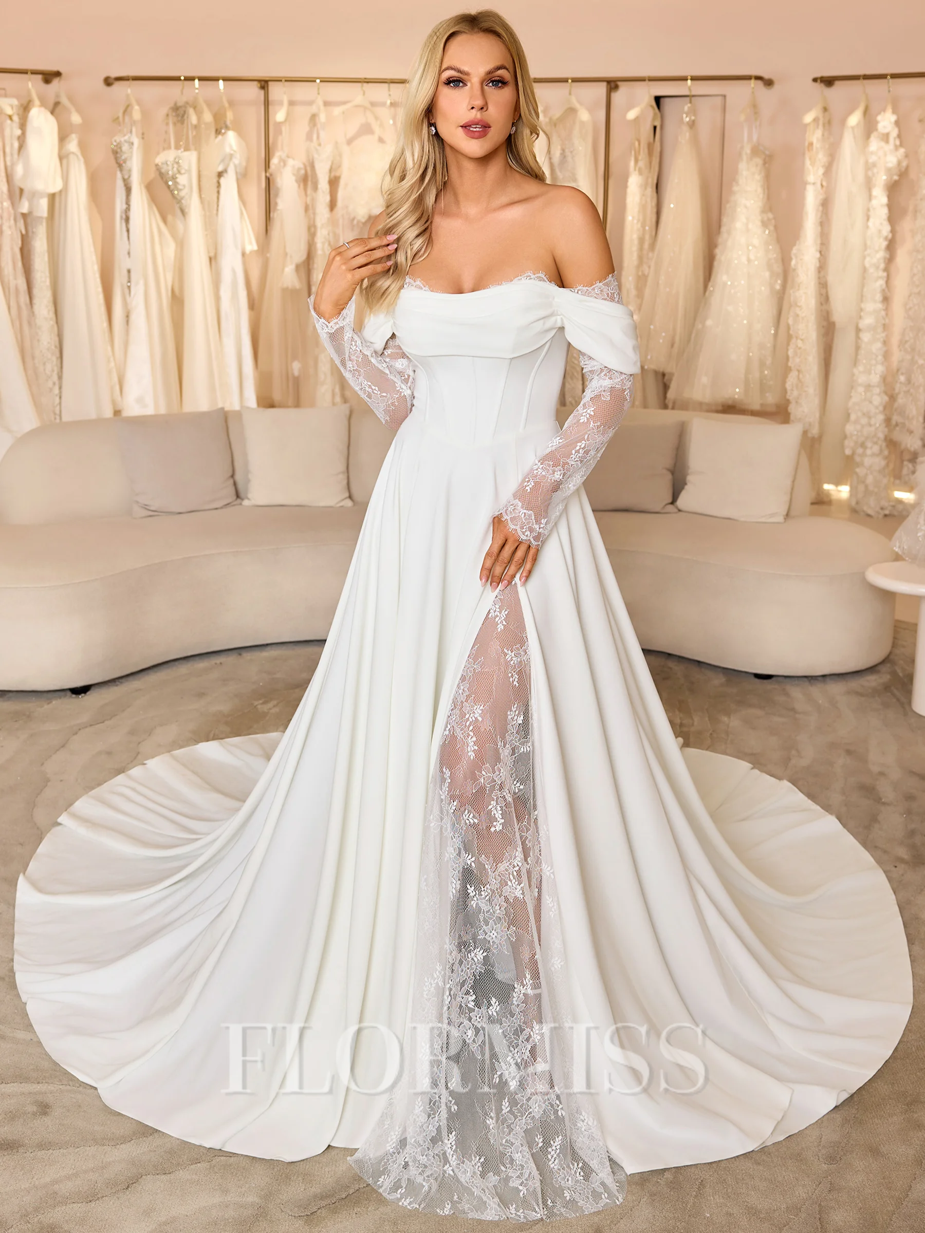 A-line Off-the-Shoulder Appliques Lace Chapel Train Stretch Crepe Corset Wedding Dress