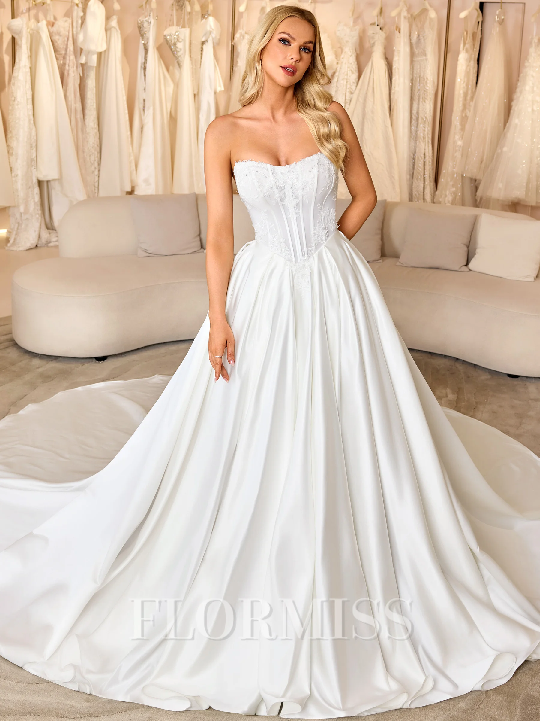 Ball-Gown Straight Appliques Lace Cathedral Train Satin Corset Wedding Dress