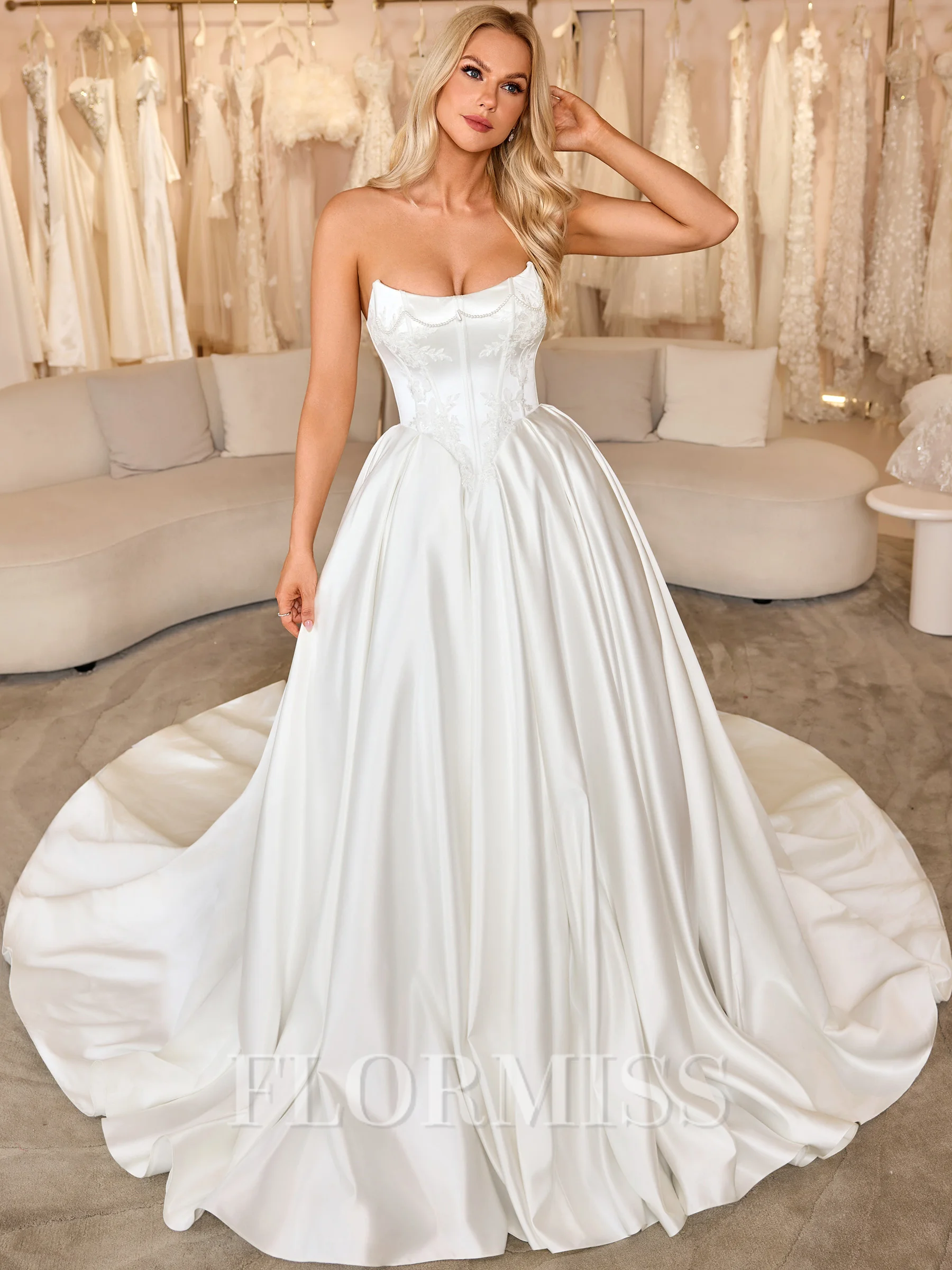 Ball-Gown Straight Appliques Lace Chapel Train Satin Corset Wedding Dress