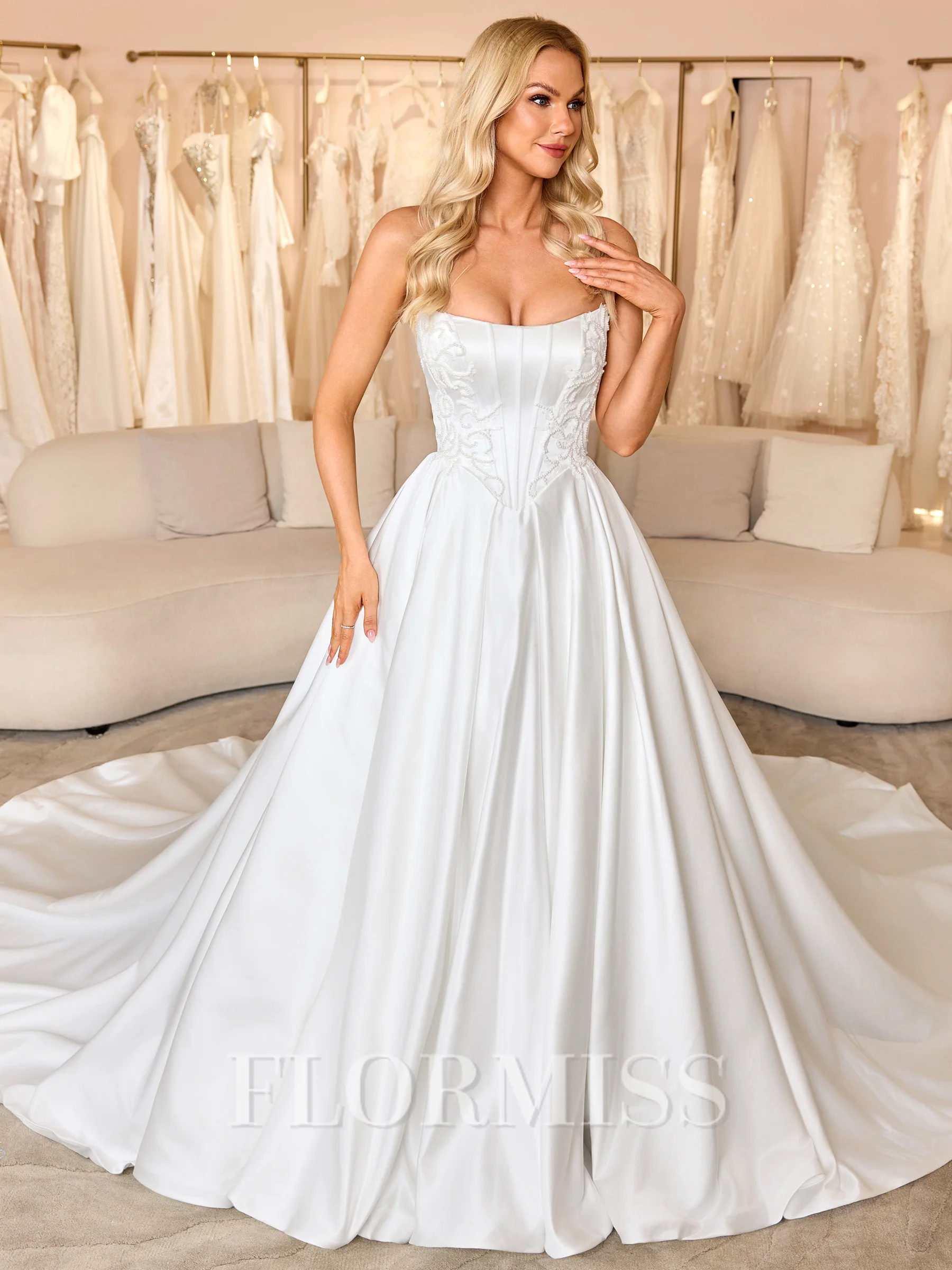 Ball-Gown Straight Beading Cathedral Train Satin Corset Wedding Dress