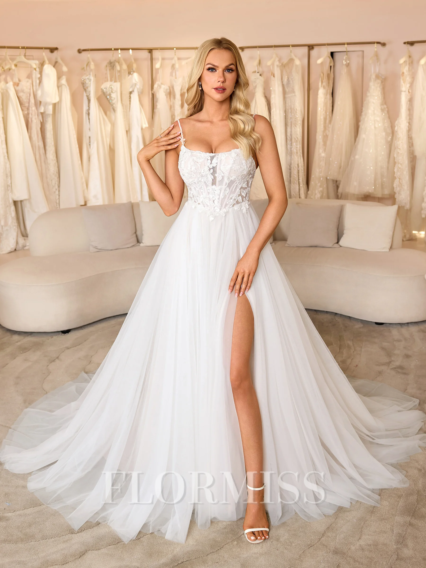 A-line Spaghetti Straps Appliques Lace Chapel Train Tulle Corset Wedding Dress