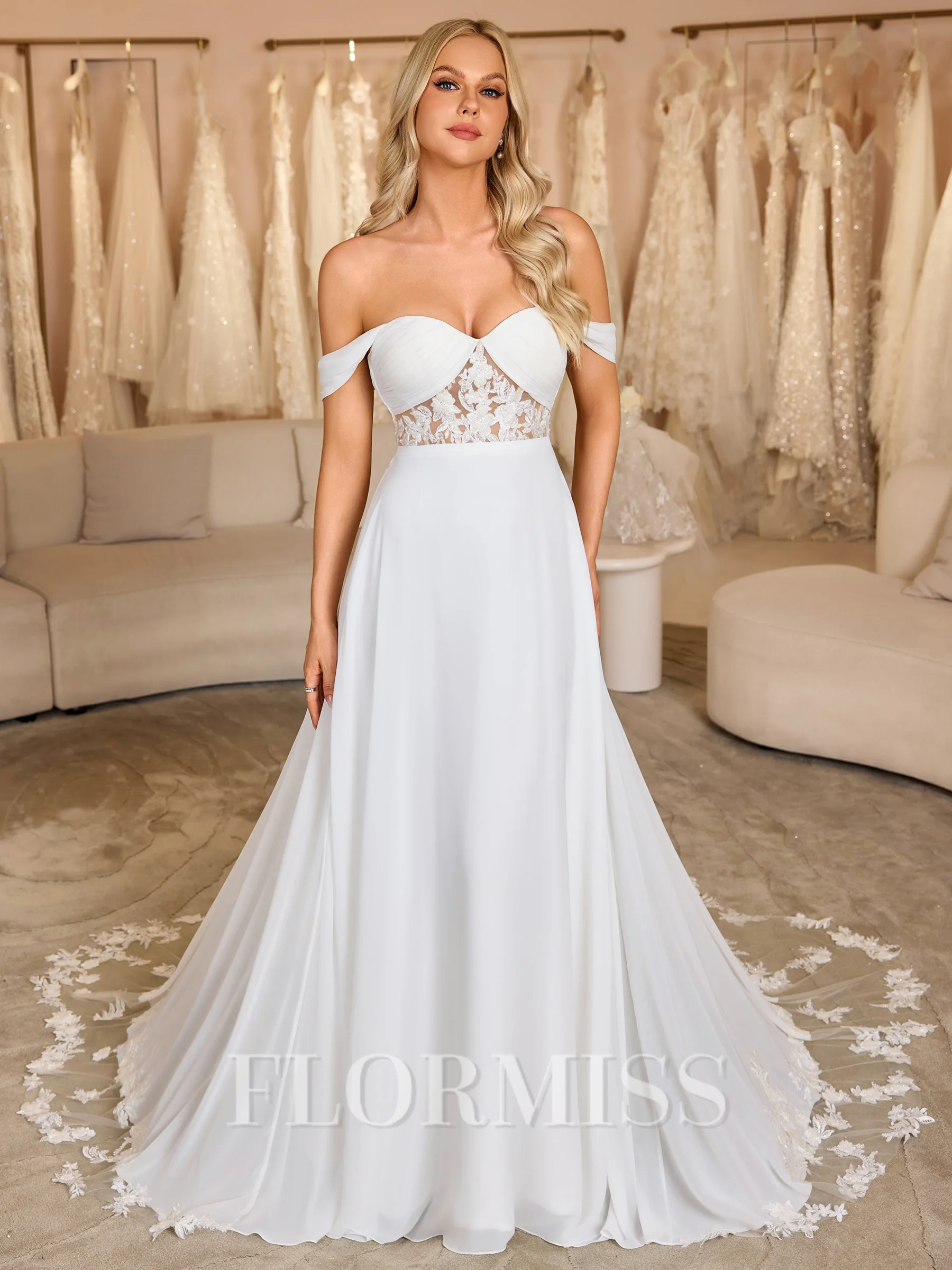 A-line Off-the-Shoulder Appliques Lace Chapel Train Chiffon Corset Wedding Dress