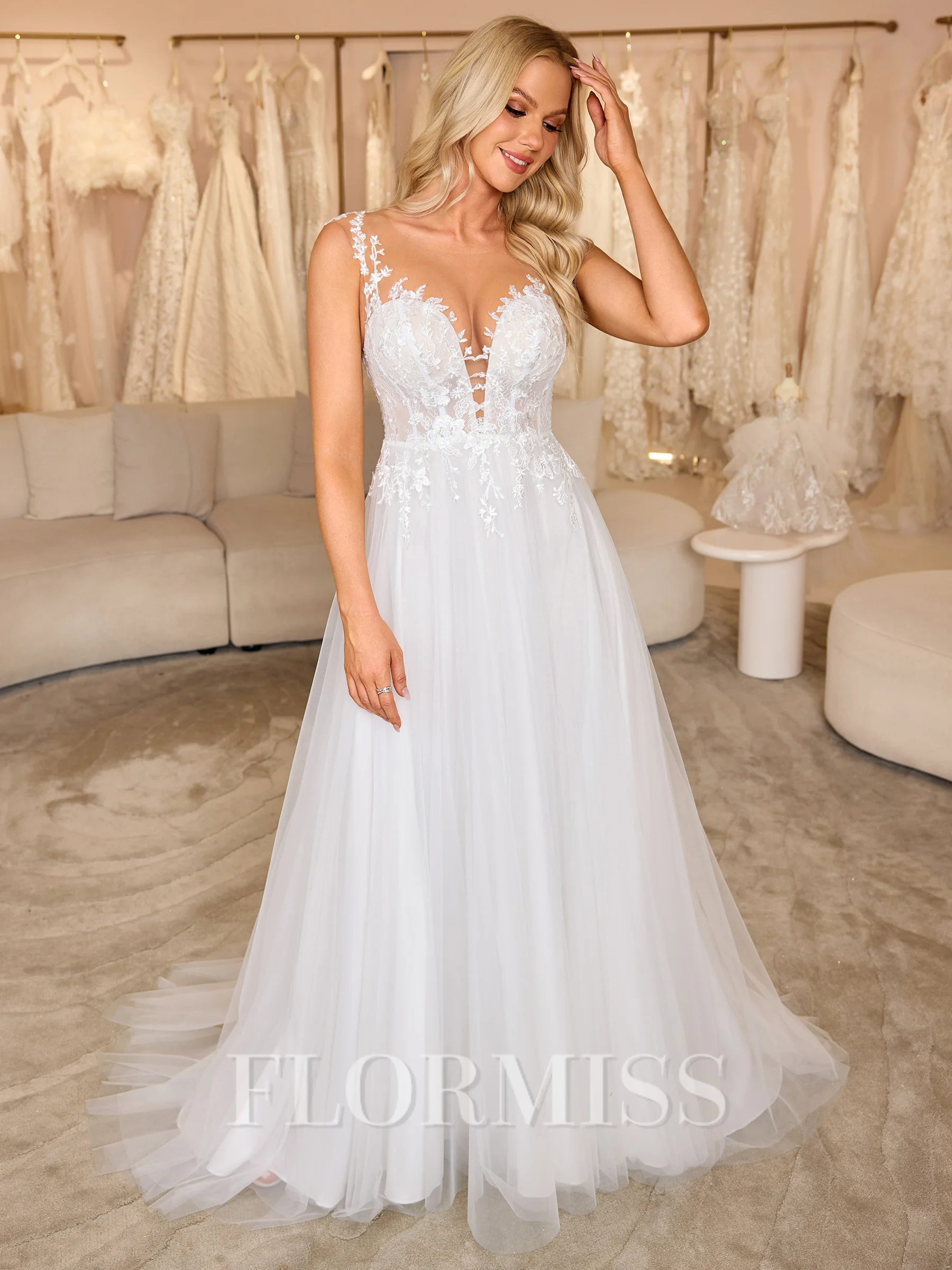 A-line Illusion Appliques Lace Sweep Train Tulle Corset Wedding Dress