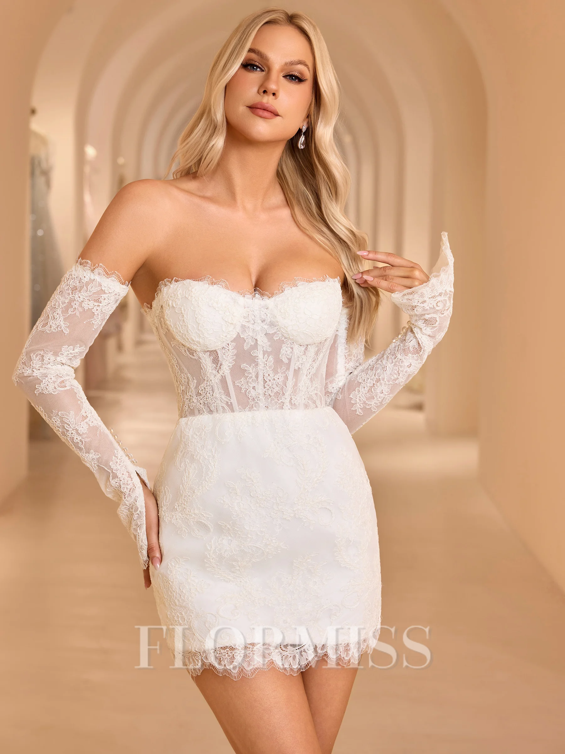 Sheath Sweetheart Long Sleeves Short/Mini Lace Corset Wedding Dress