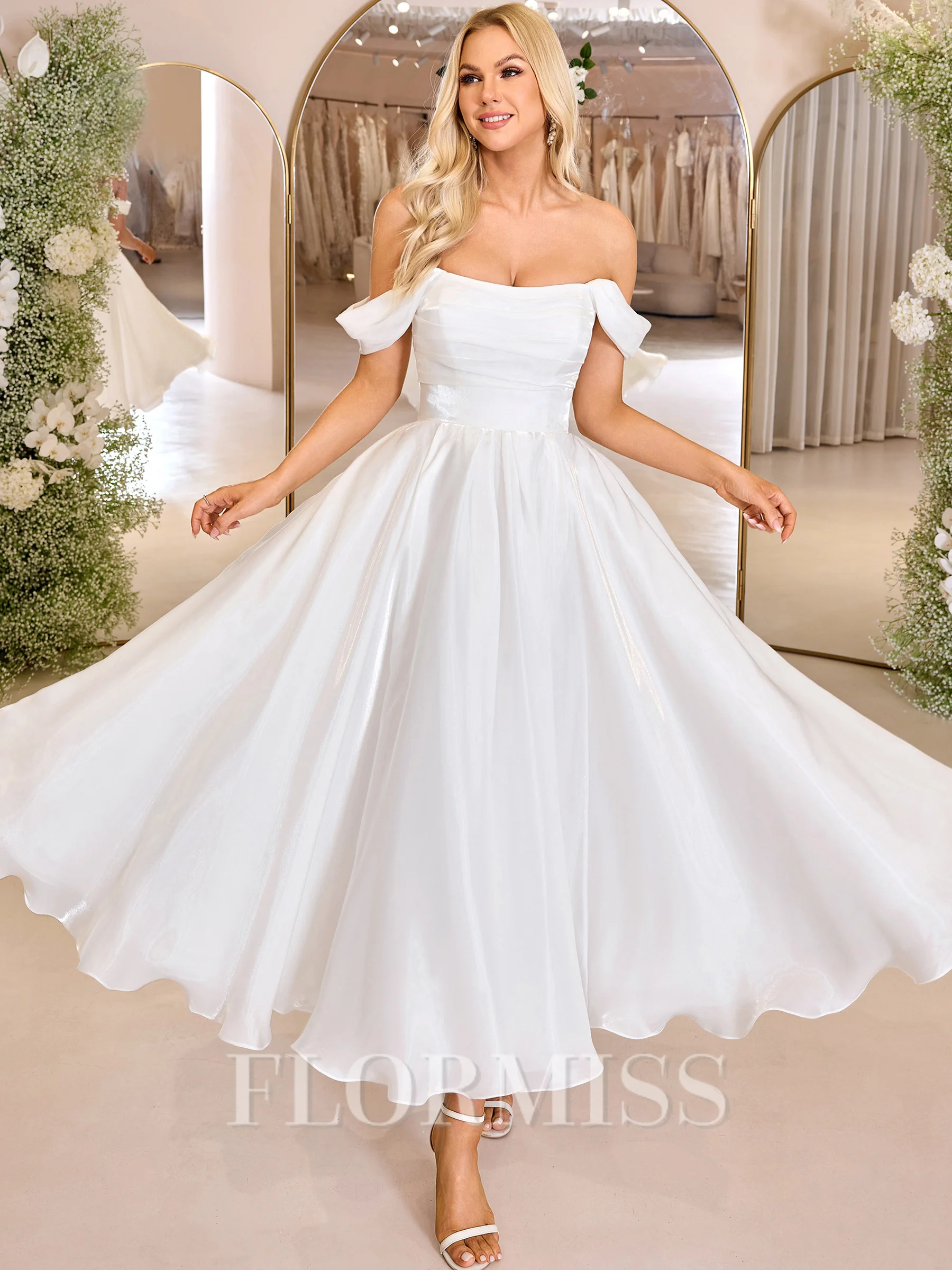 A-line Off-the-Shoulder Pleated Ankle-Length Corset Wedding Dress