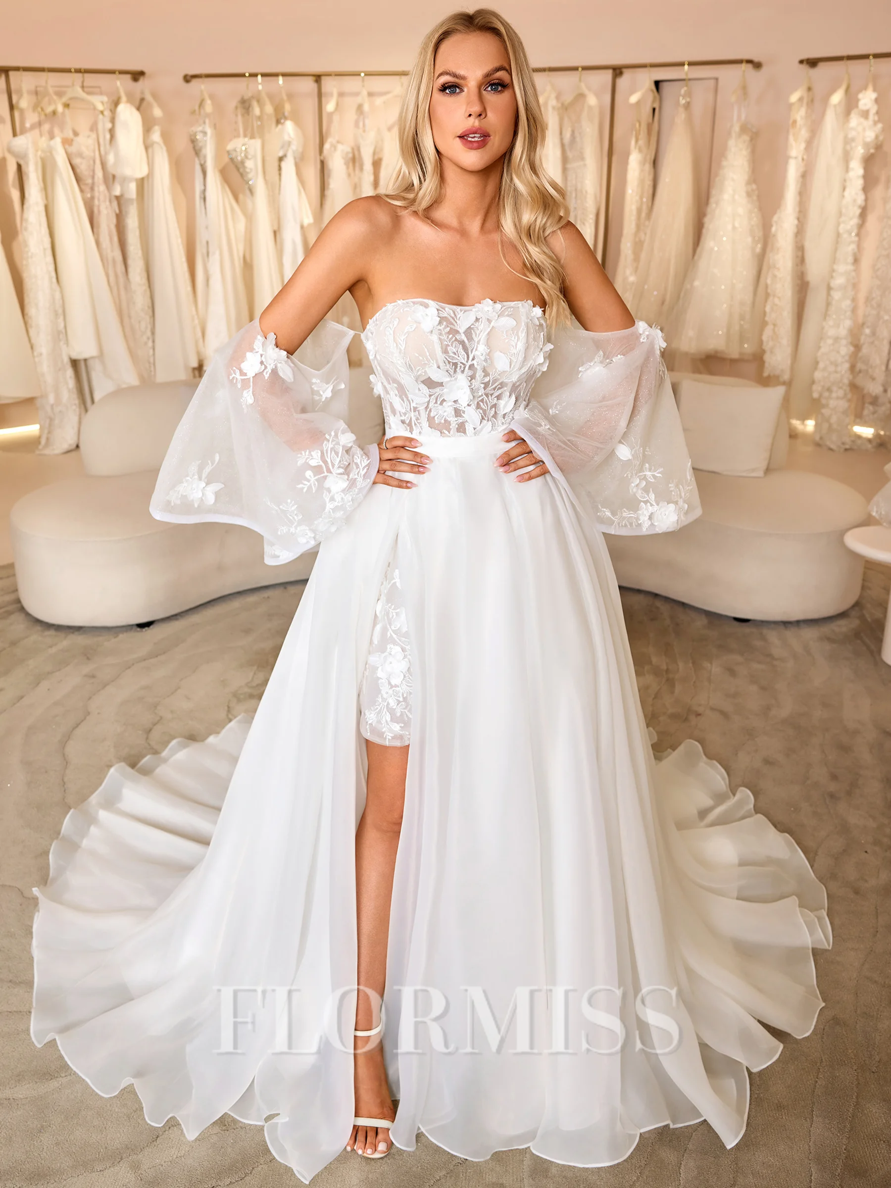A-line Straight Long Sleeves Appliques Lace Court Train Organza Corset Convertible Wedding Dress