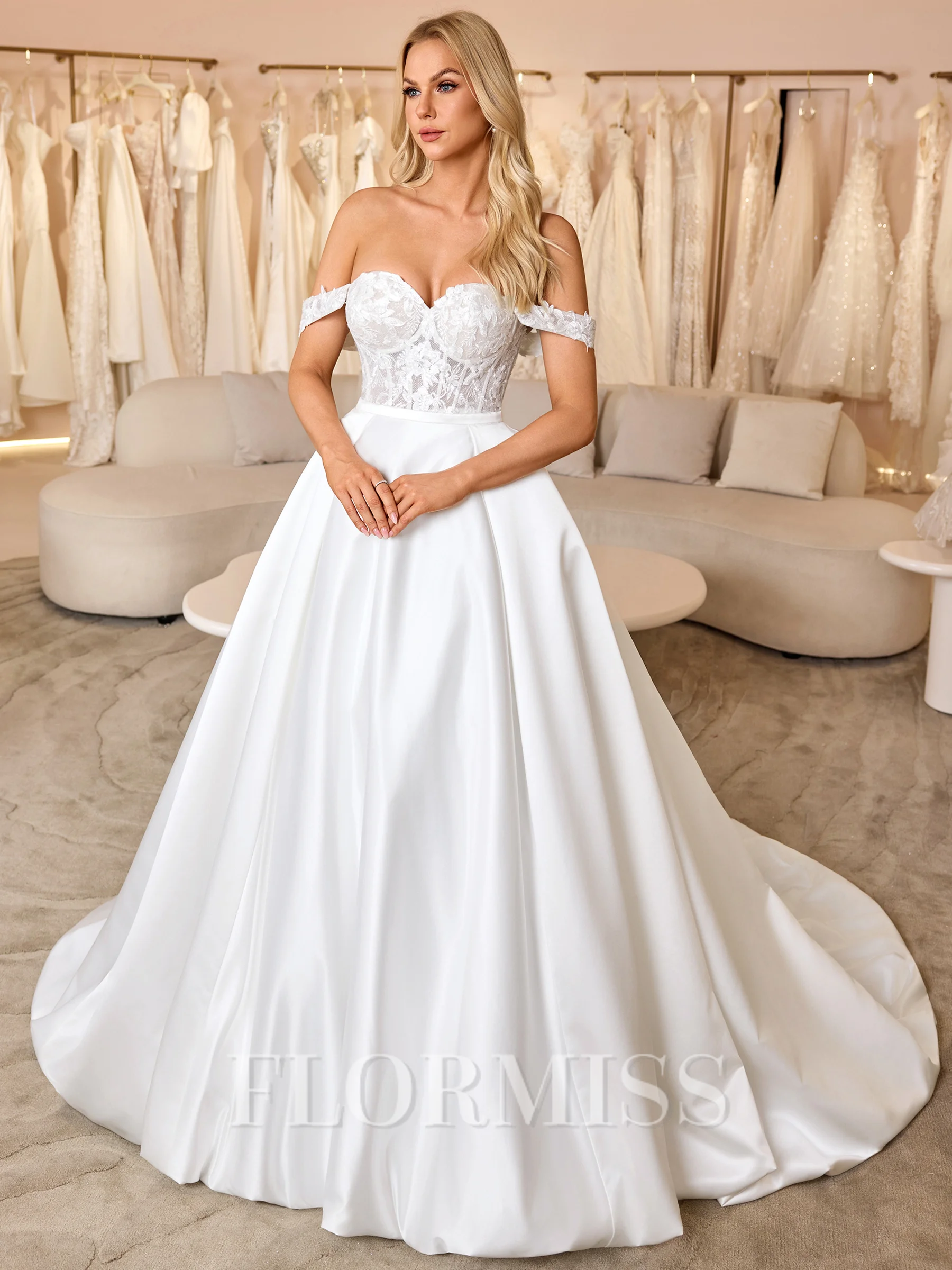 A-line Off-the-Shoulder Appliques Lace Chapel Train Satin Corset Convertible Wedding Dress