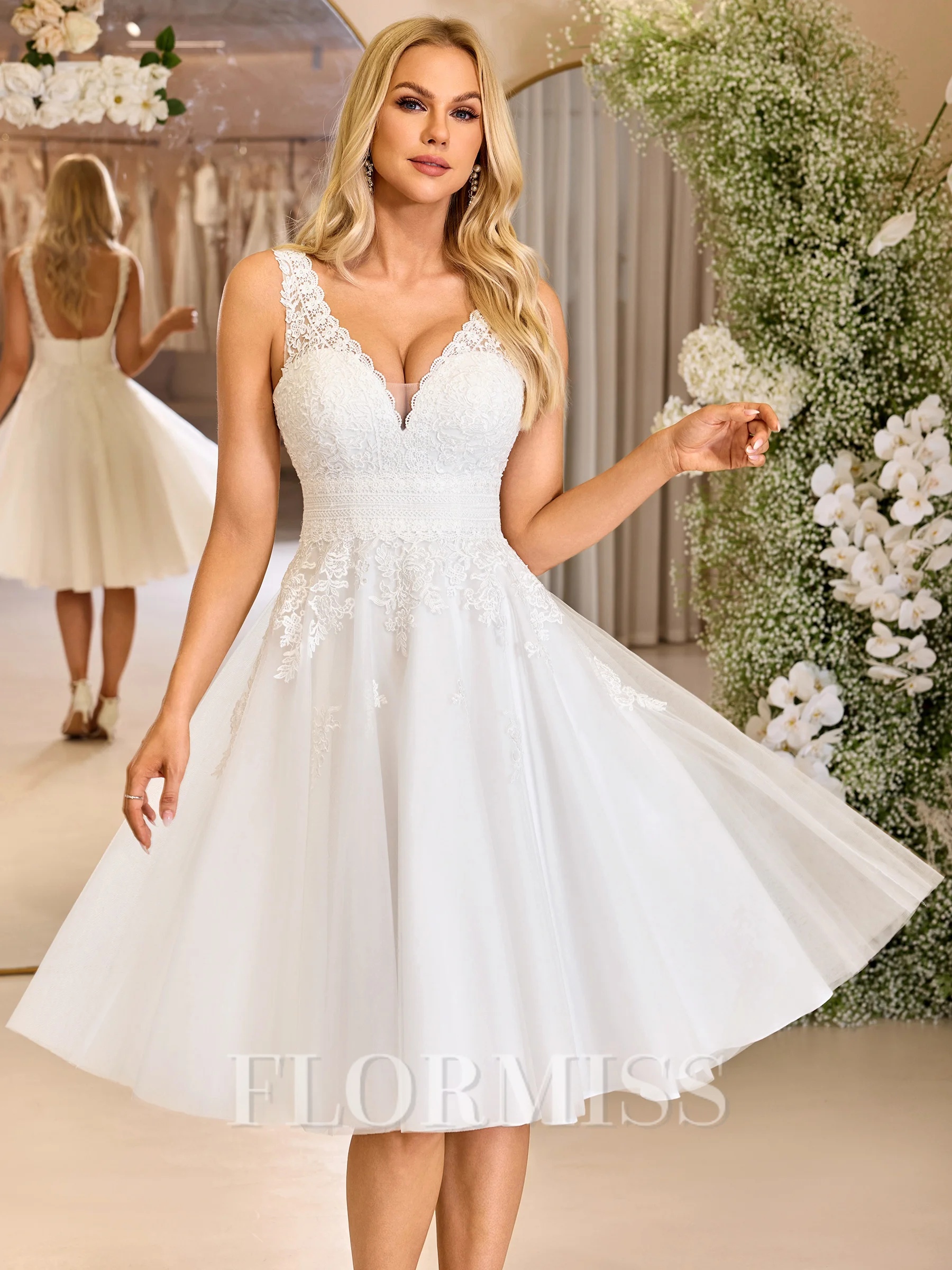 A-line V-neck Appliques Lace Knee-Length Tulle Wedding Dress