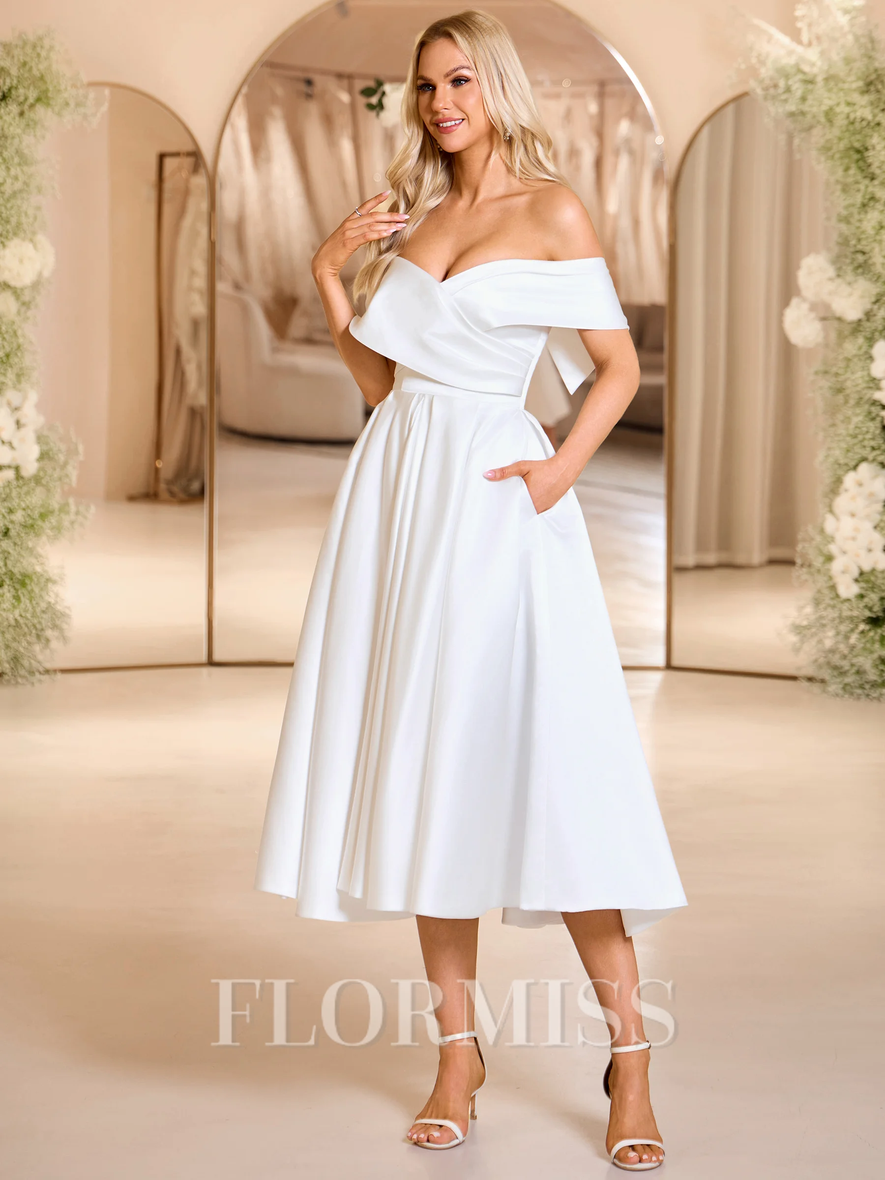 A-line Off-the-Shoulder Pleated Tea-Length Satin Corset Wedding Dress
