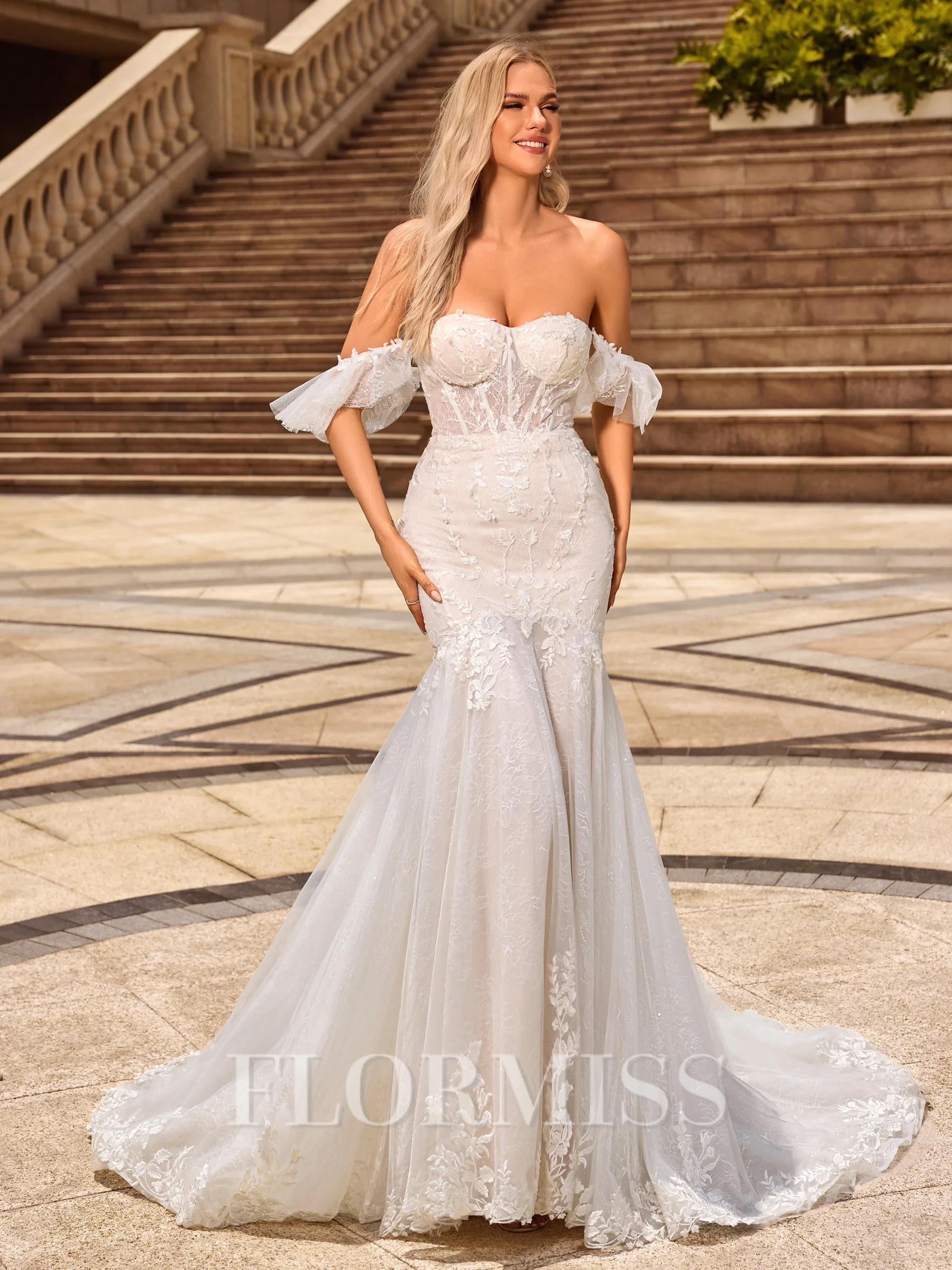 Trumpet/Mermaid Lace Off-the-Shoulder Sleeveless Court Train Wedding Dresses