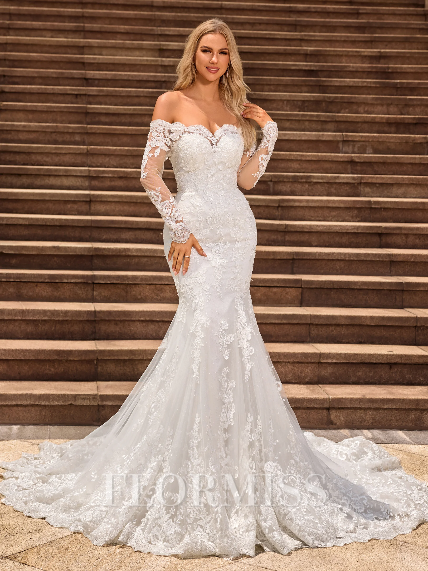 Trumpet/Mermaid Tulle Off-the-Shoulder Long Sleeves Cathedral Train Wedding Dresses