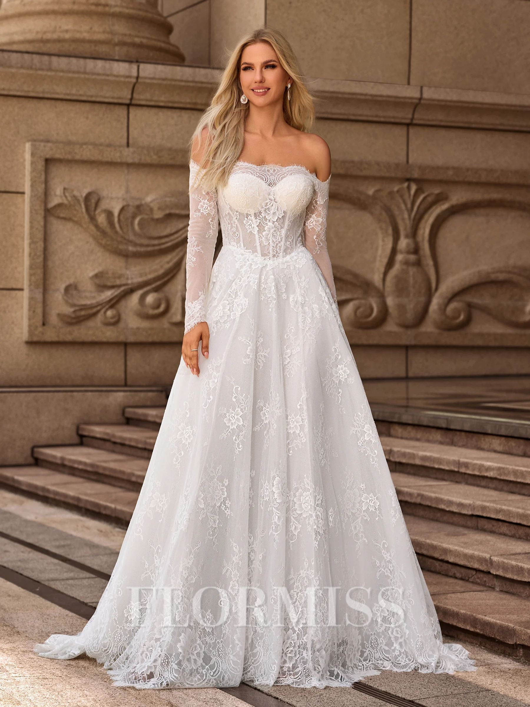 A-line/Princess Lace Off-the-Shoulder Long Sleeves Sweep Train Wedding Dresses