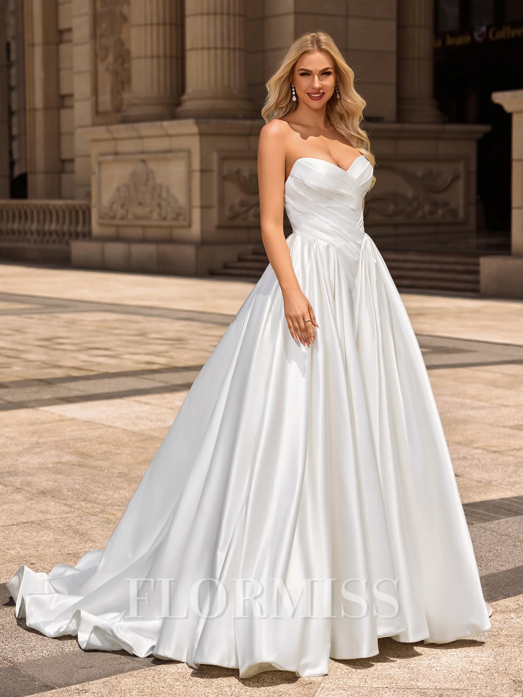 Ball Gown Satin Sweetheart Sleeveless Chapel Train Wedding Dresses