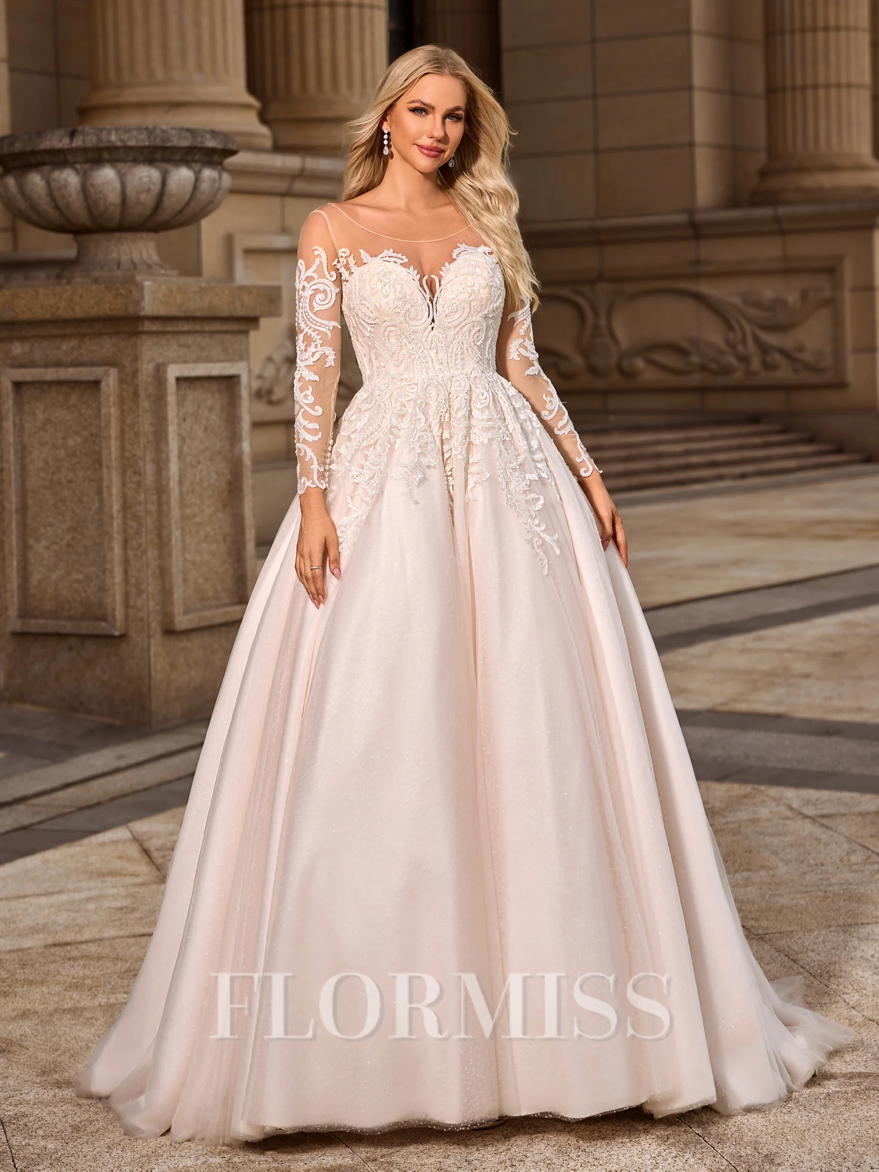 Ball Gown Tulle Scoop Long Sleeves Court Train Wedding Dresses