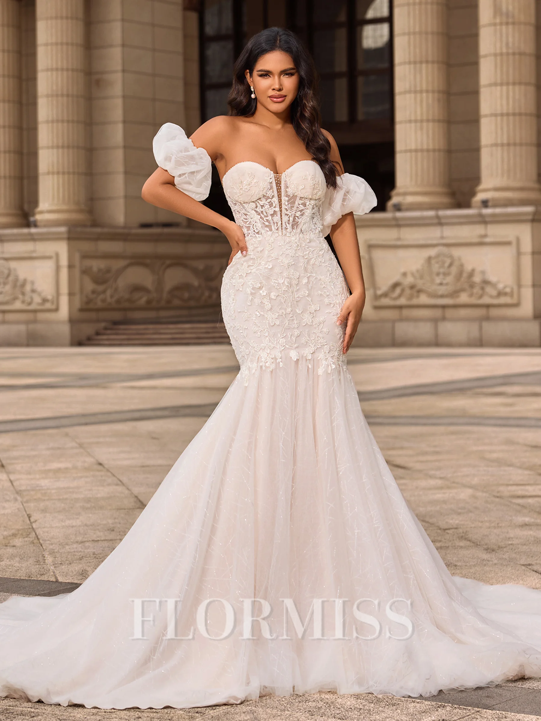 Trumpet/Mermaid Tulle Sweetheart Short Sleeves Cathedral Train Wedding Dresses