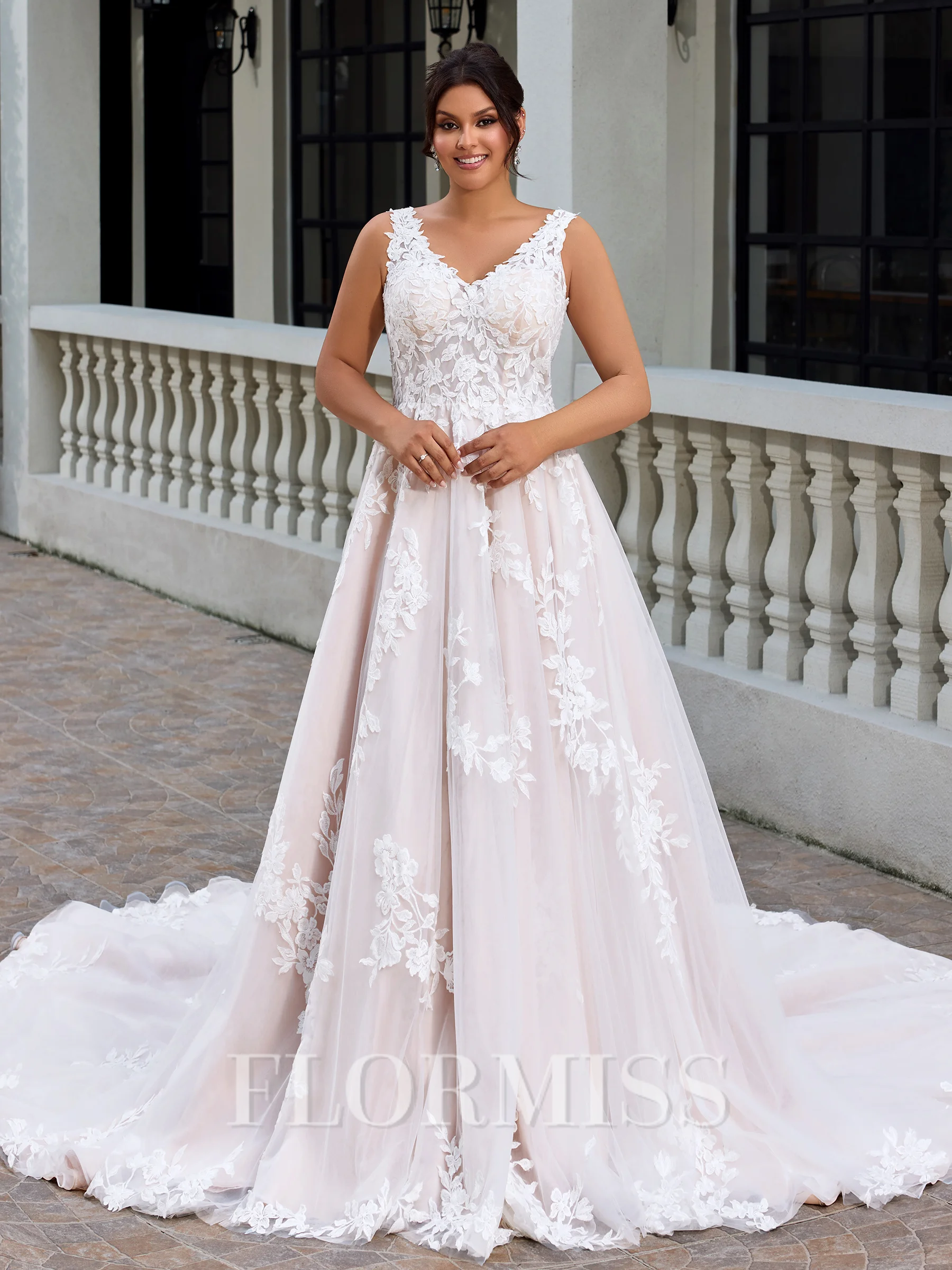 A-line V-neck Appliques Lace Cathedral Train Tulle Plus Size Wedding Dress