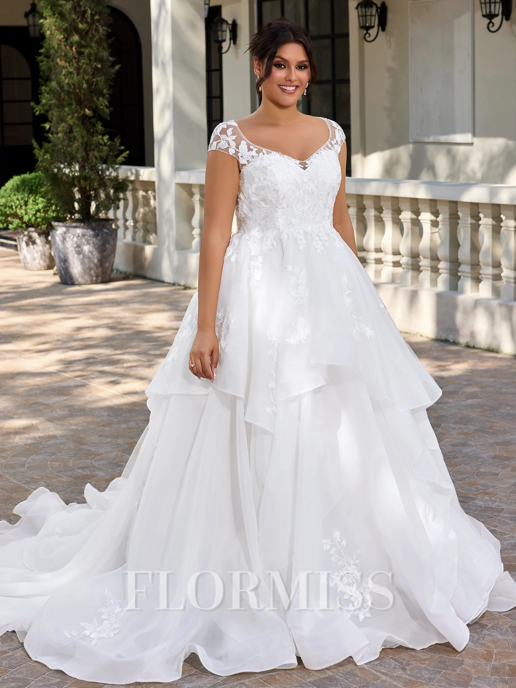 A-line Sweetheart Appliques Lace Chapel Train Tulle Corset Plus Size Wedding Dress