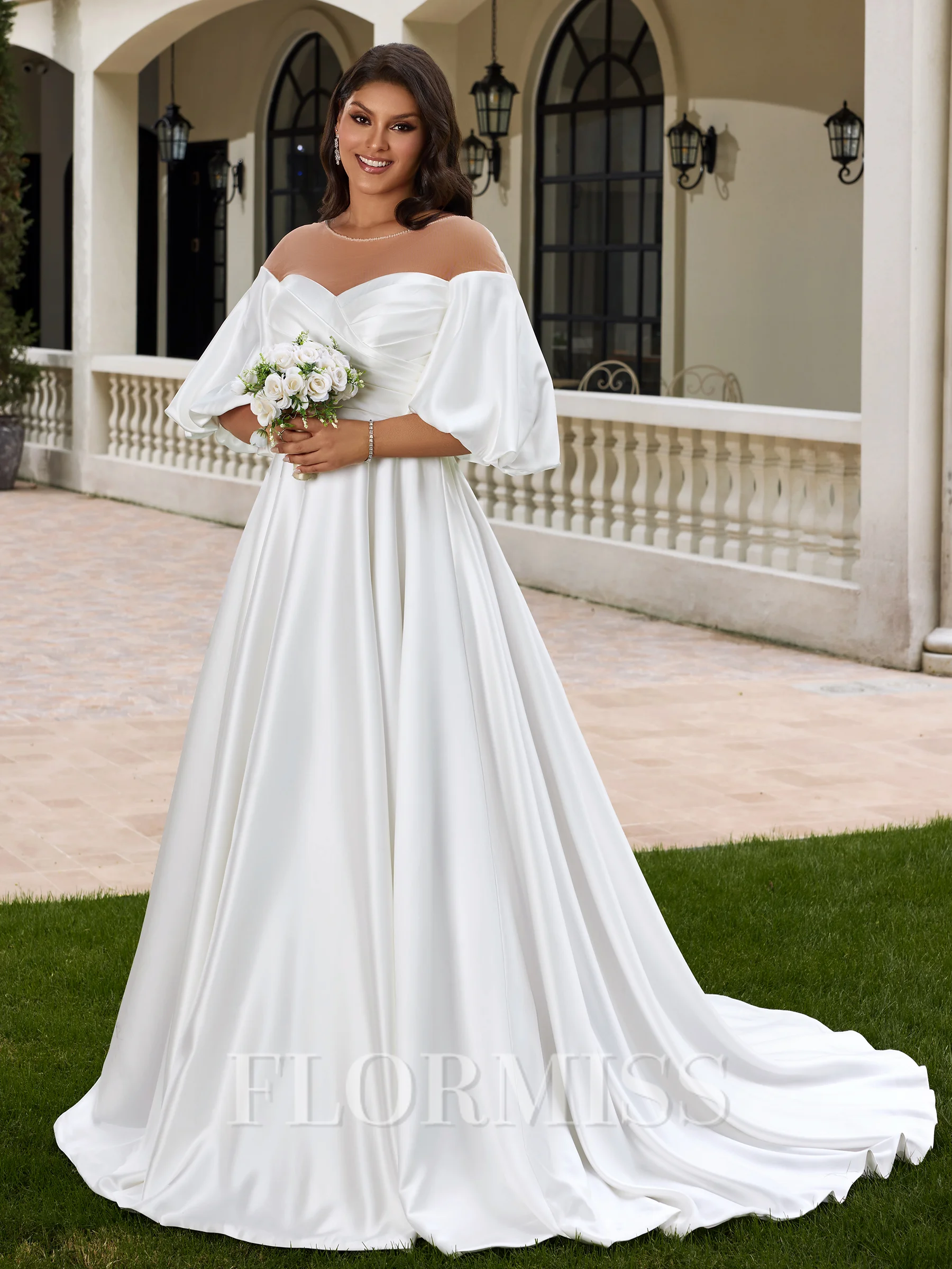 A-line Scoop 1/2 Sleeves Pleated Sweep Train Satin Corset Plus Size Wedding Dress