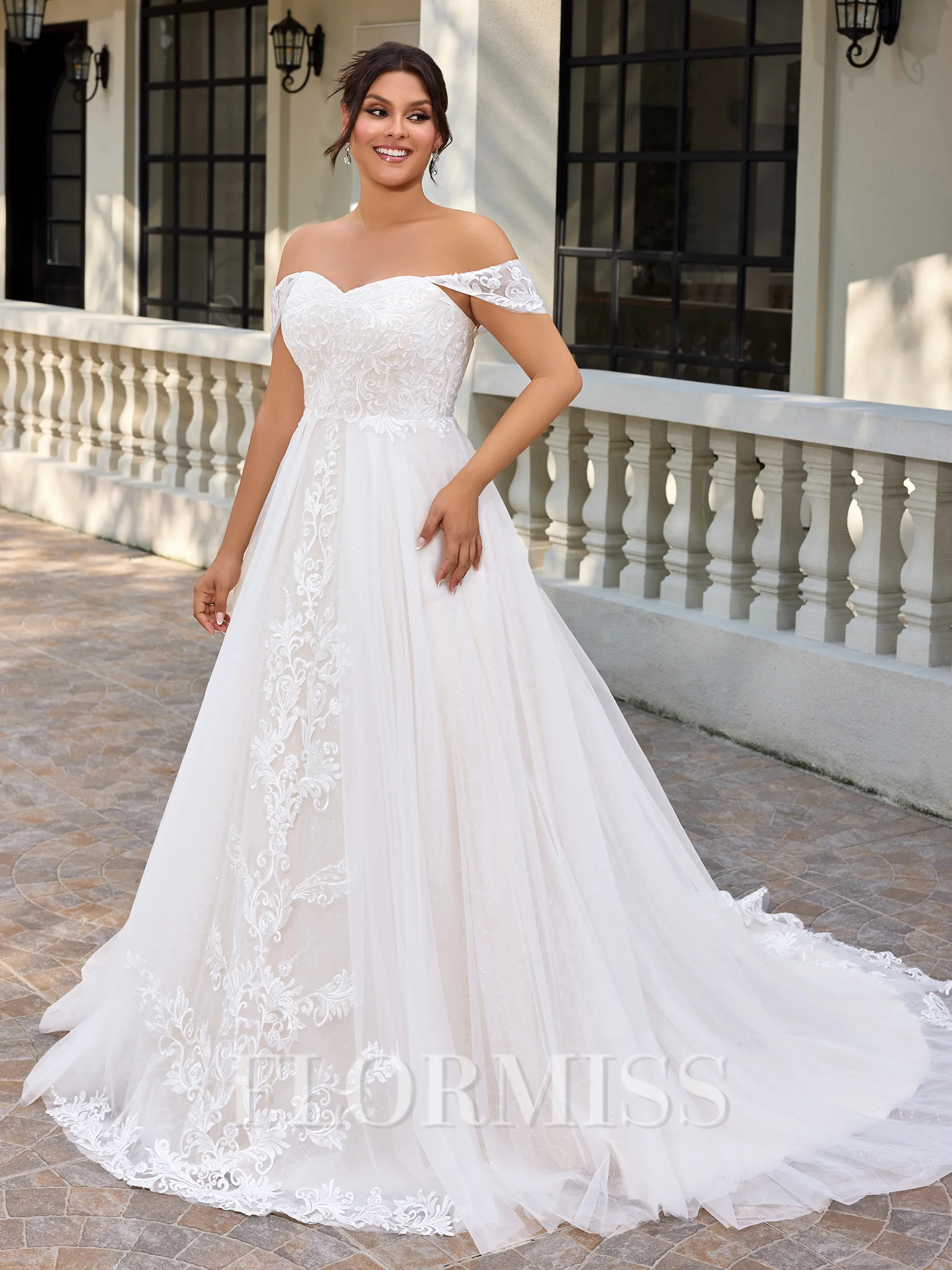 A-line Off-the-Shoulder Appliques Lace Court Train Tulle Corset Plus Size Wedding Dress