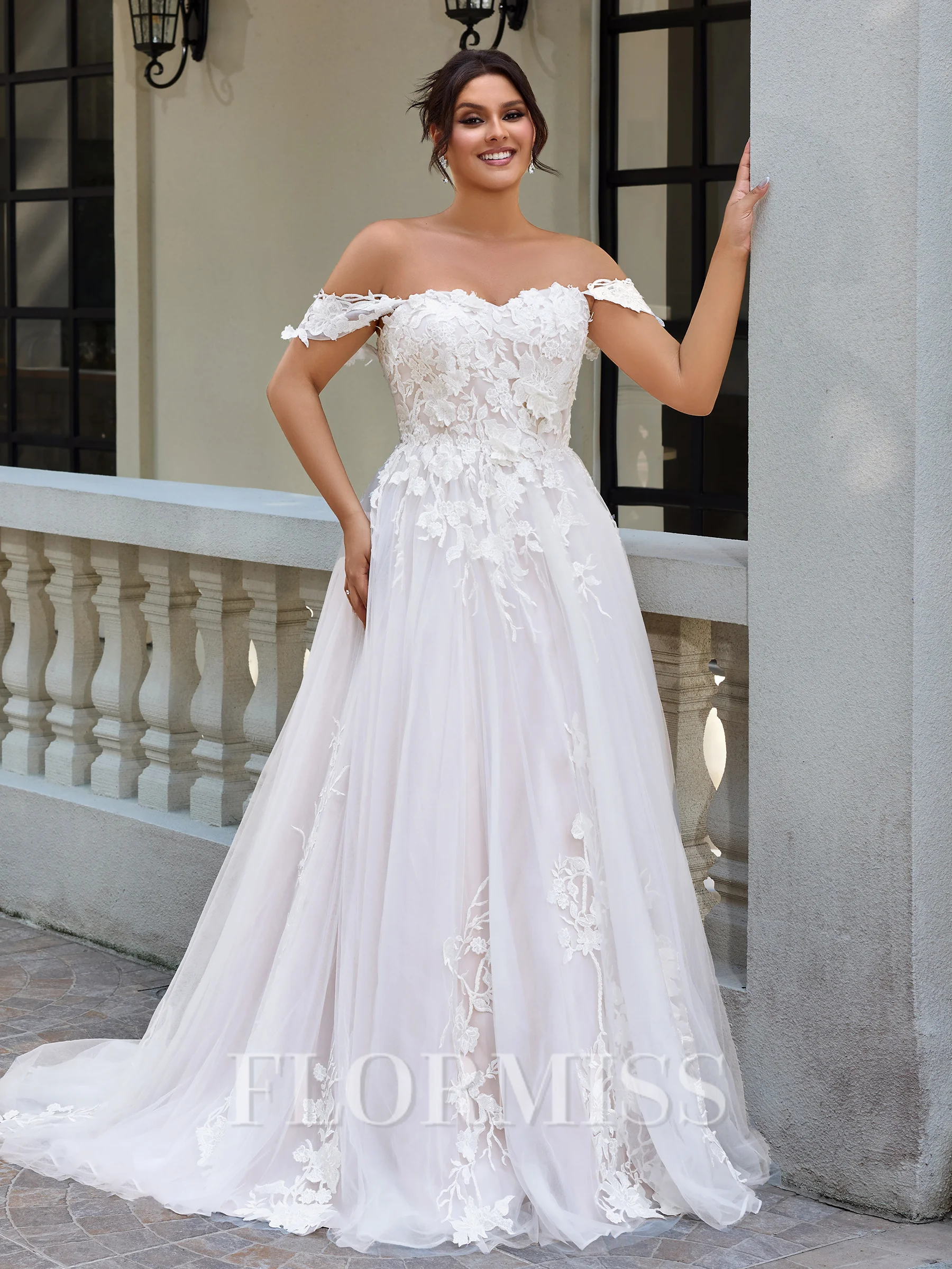 A-line Off-the-Shoulder Appliques Lace Sweep Train Tulle Corset Plus Size Wedding Dress