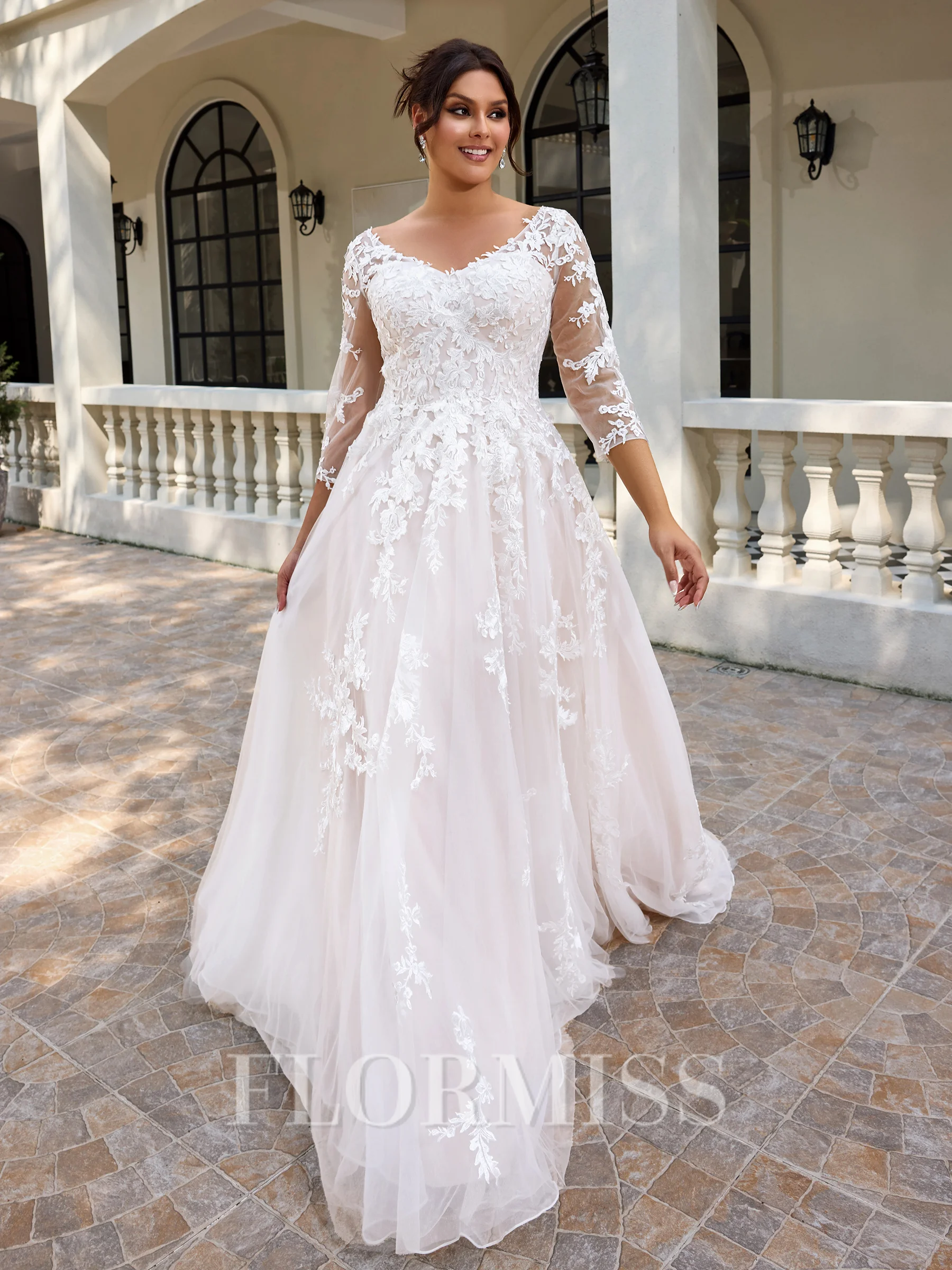 A-line V-neck 3/4 Sleeves Appliques Lace Sweep Train Tulle Corset Plus Size Wedding Dress