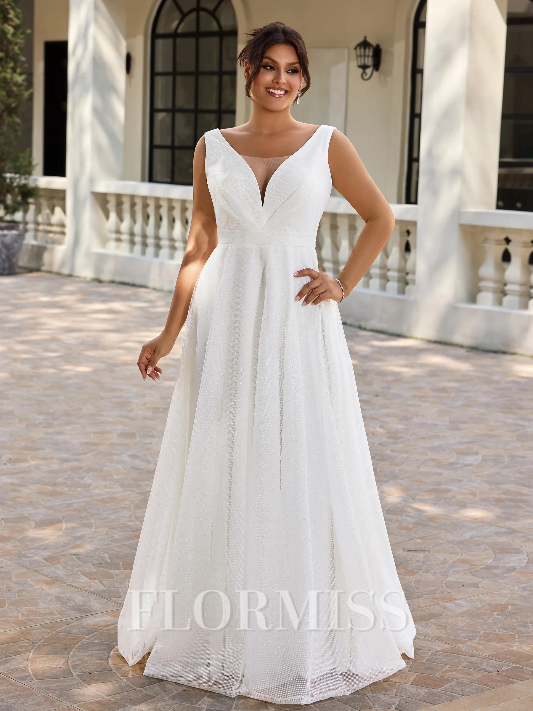 A-line V-neck Pleated Sweep Train Corset Plus Size Wedding Dress