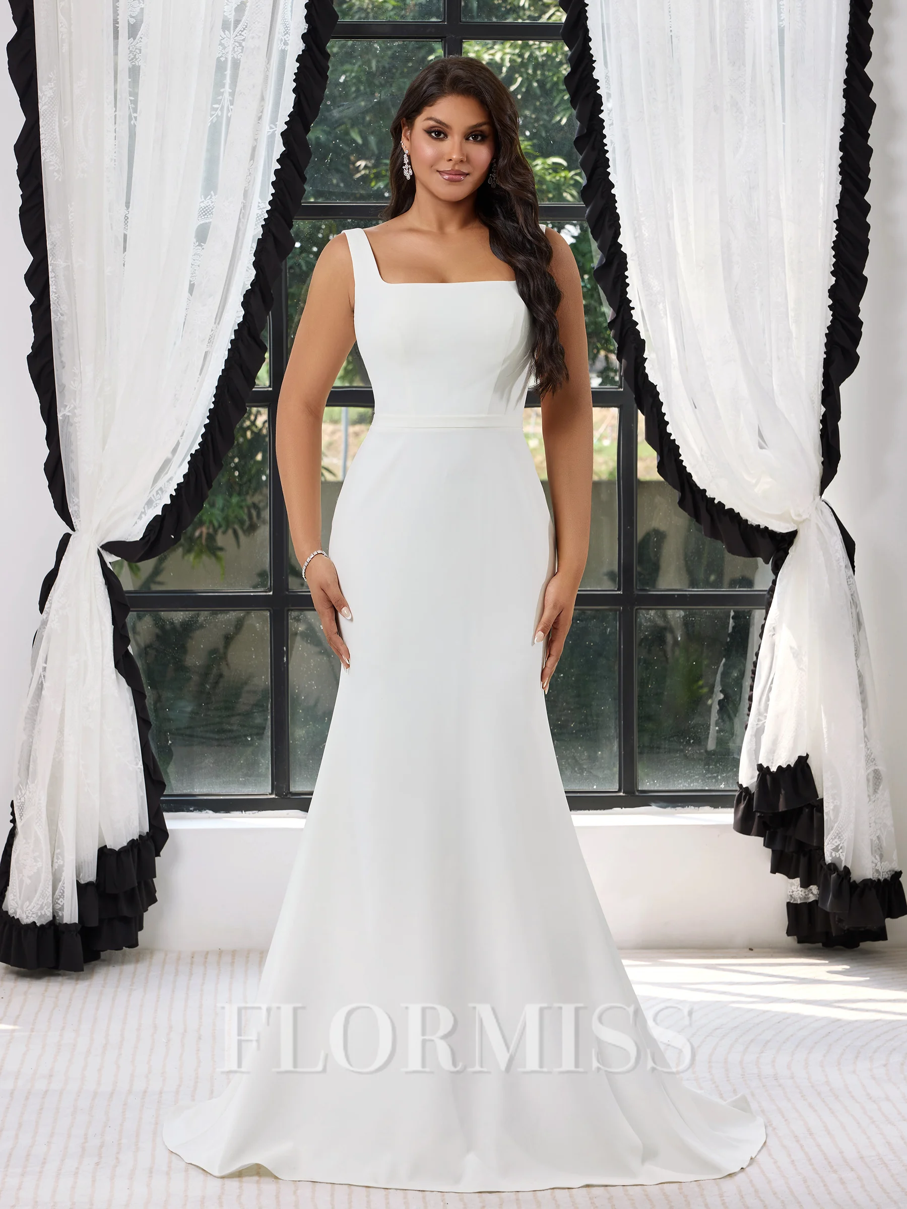 Sheath Square Sweep Train Stretch Crepe Plus Size Wedding Dress
