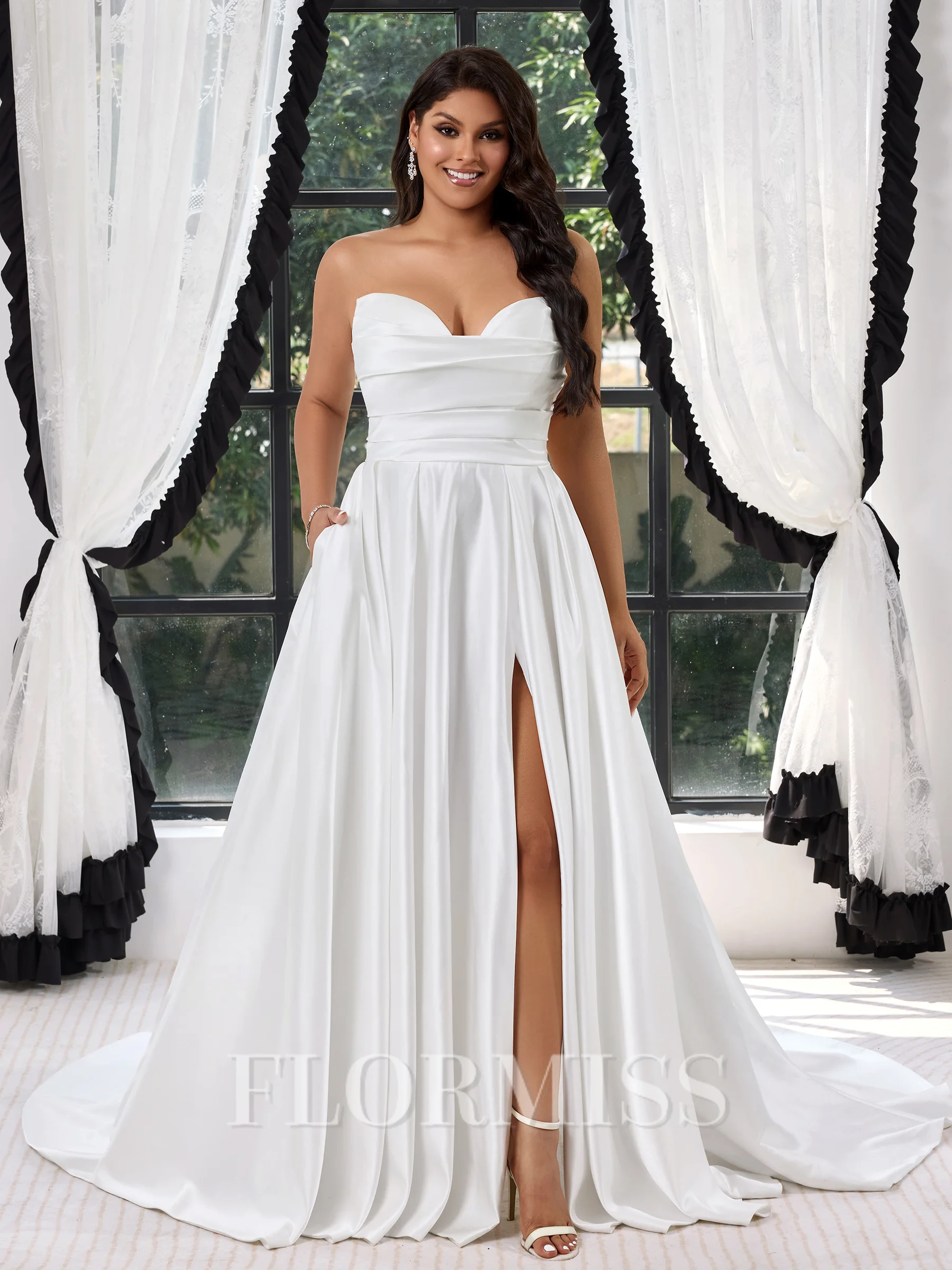 A-line Sweetheart Pleated Sweep Train Satin Corset Plus Size Wedding Dress