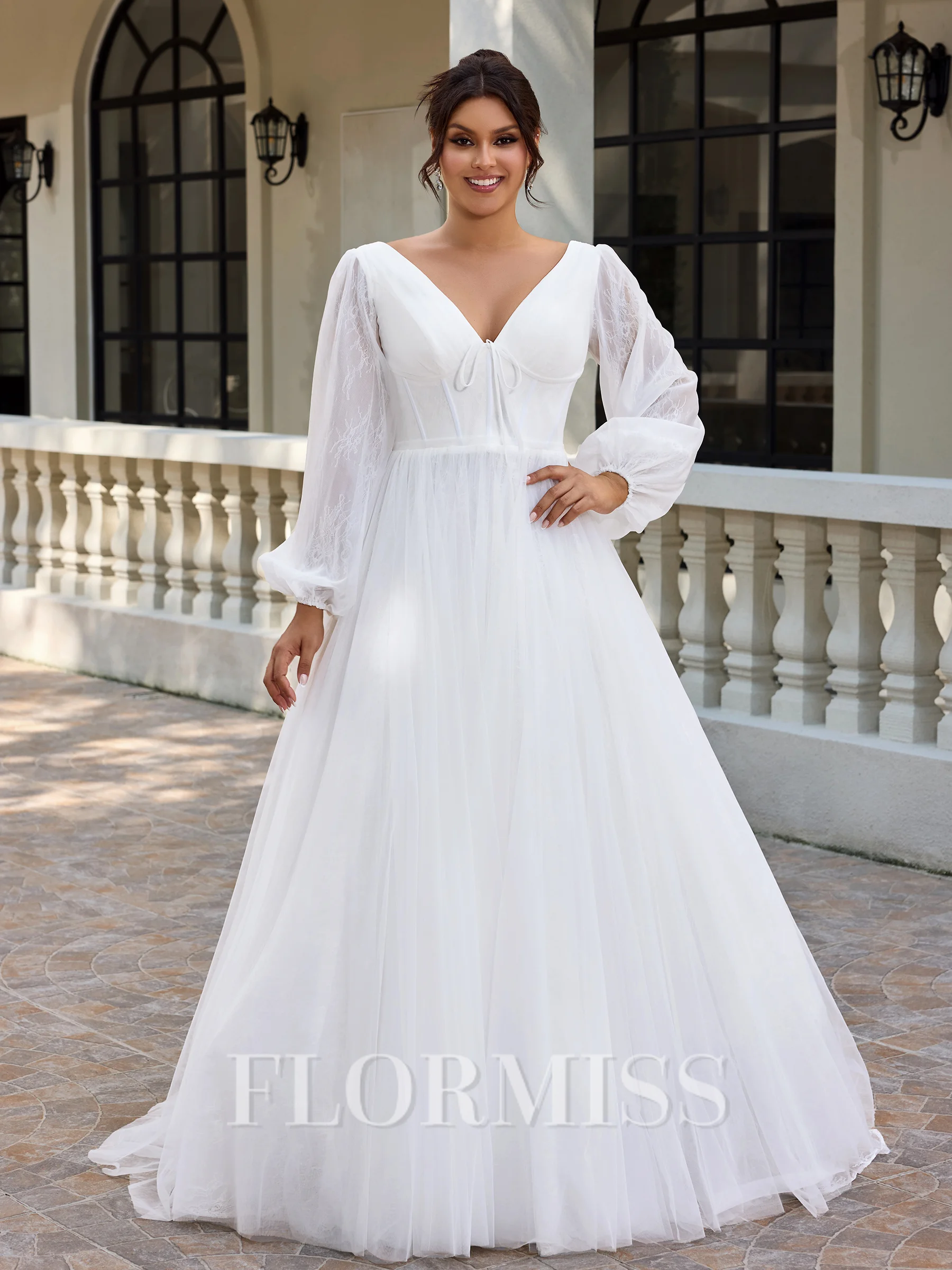 A-line V-neck Long Sleeves Appliques Lace Sweep Train Tulle Corset Plus Size Wedding Dress