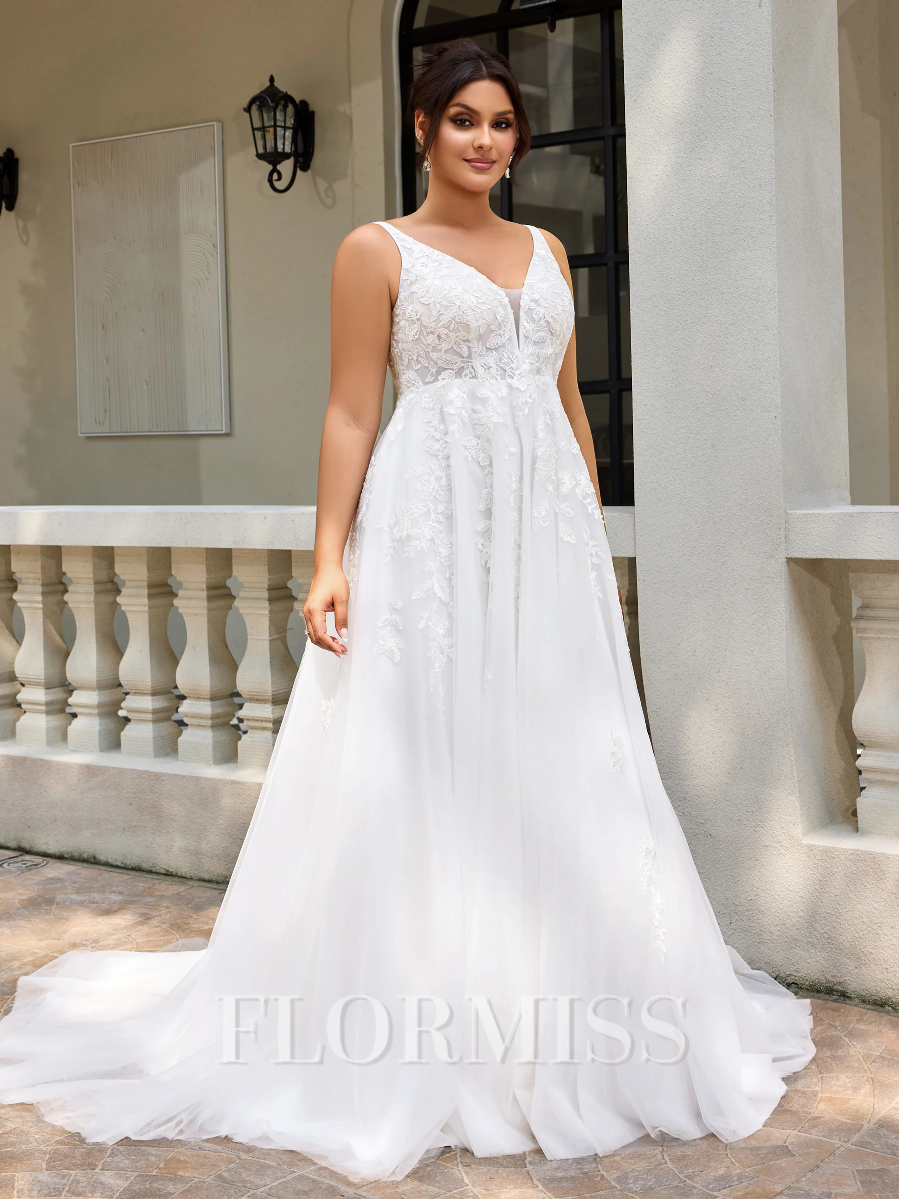 A-line V-neck Appliques Lace Court Train Tulle Plus Size Wedding Dress