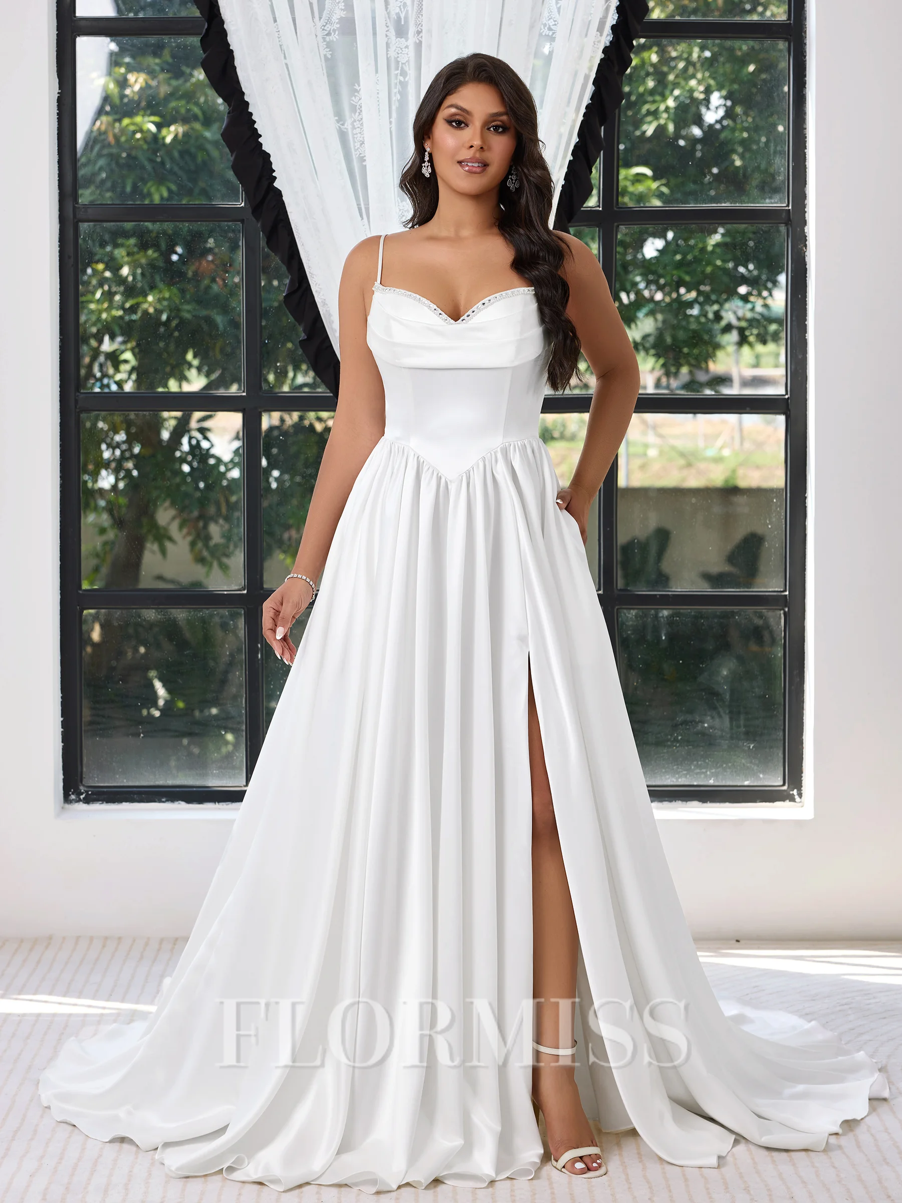 A-line Spaghetti Straps Pleated Sweep Train Charmeuse Corset Plus Size Wedding Dress