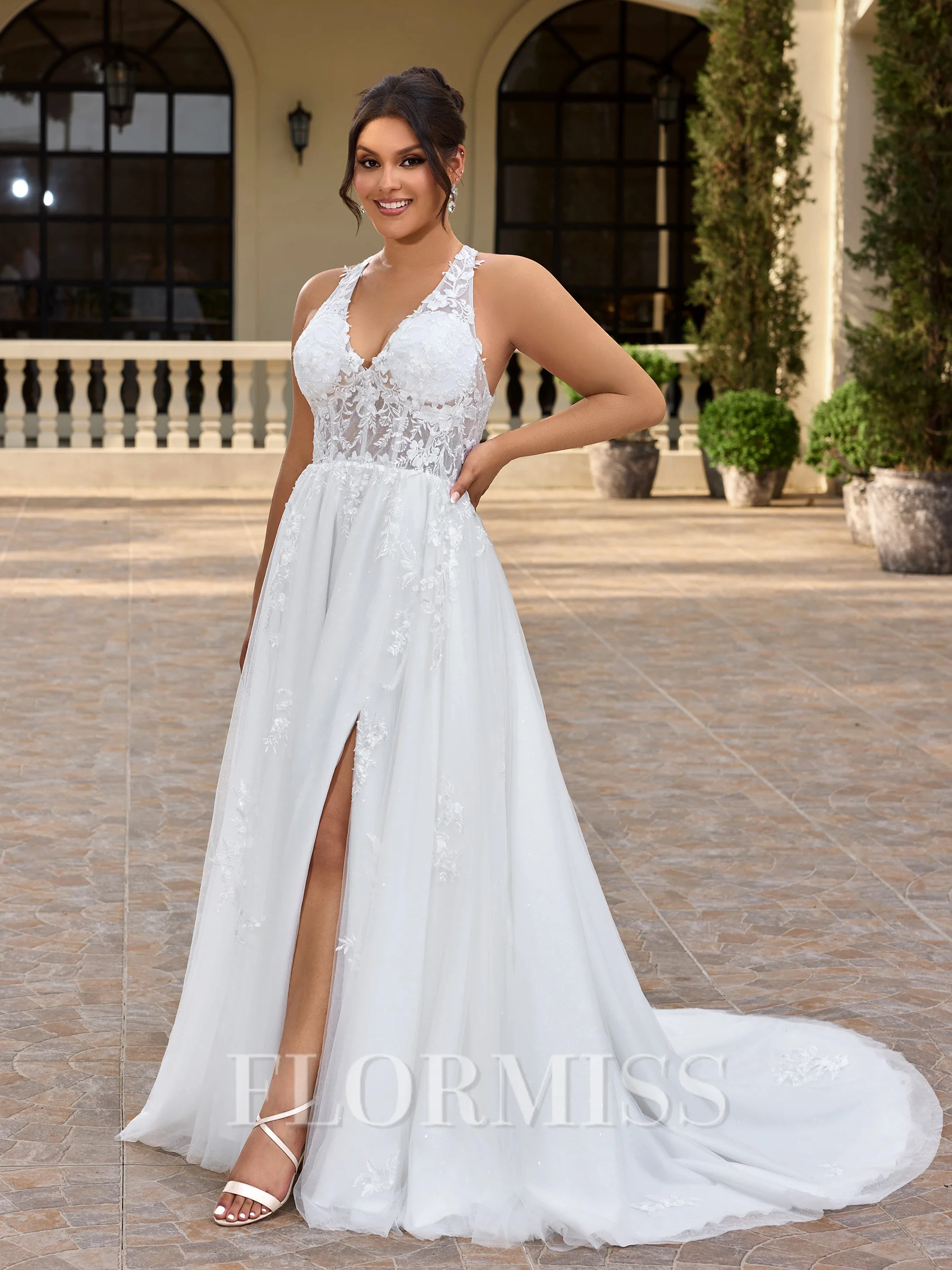 A-line V-neck Appliques Lace Court Train Tulle Corset Plus Size Wedding Dress