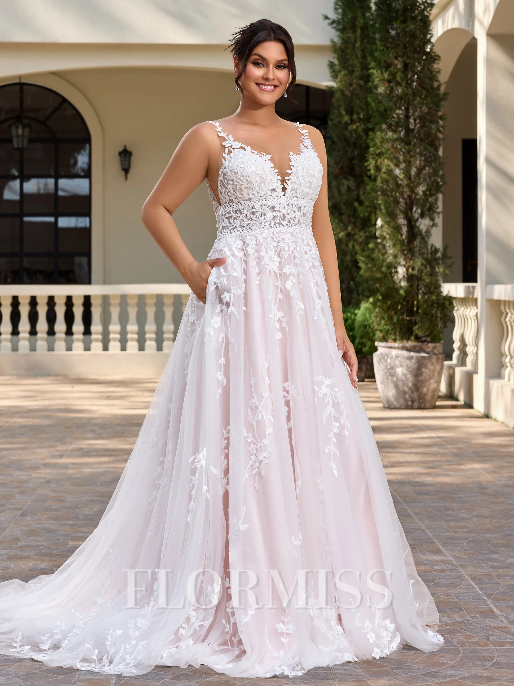 A-line Scoop Appliques Lace Court Train Tulle Corset Plus Size Wedding Dress