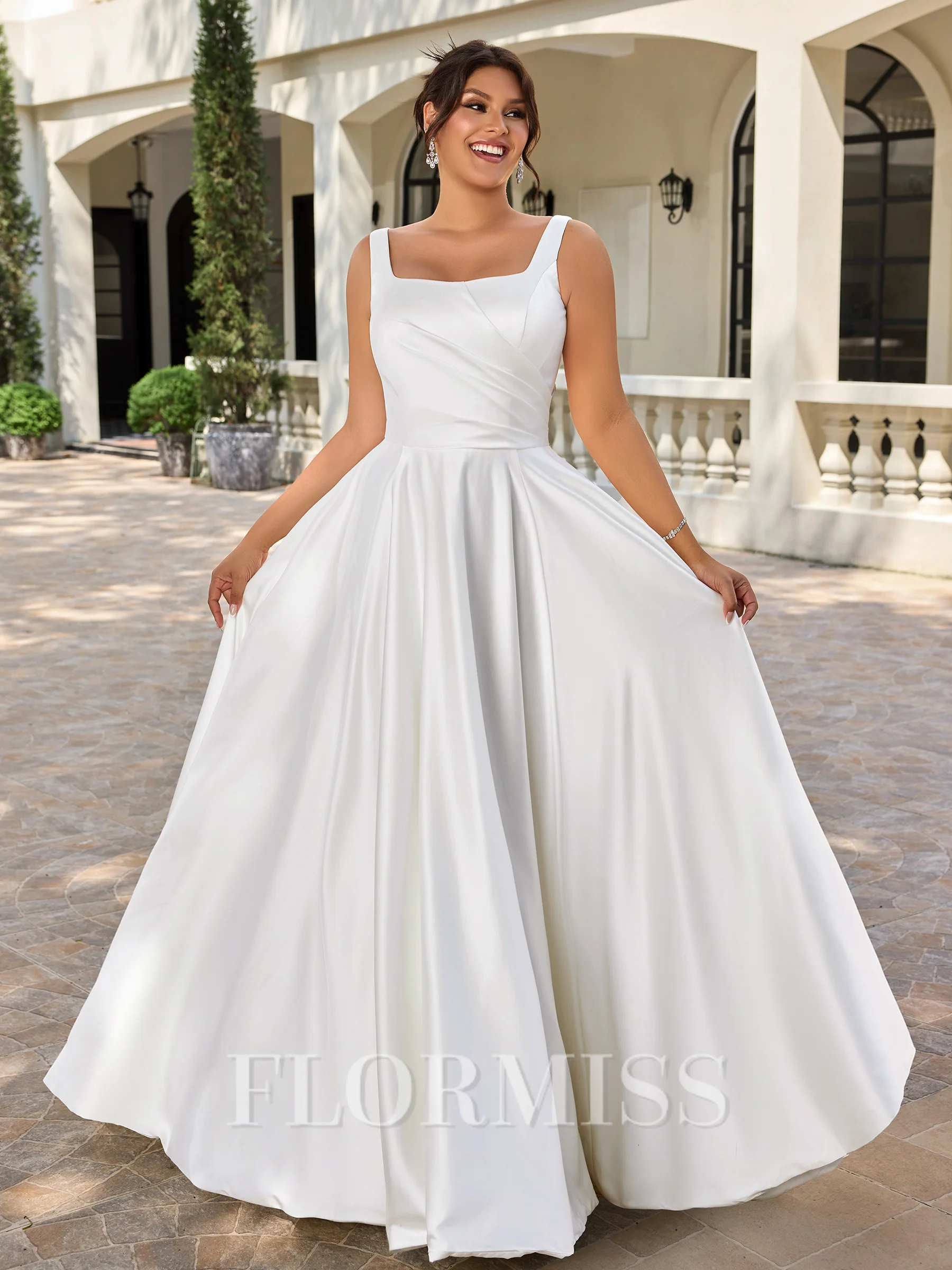 A-line Square Pleated Court Train Satin Plus Size Wedding Dress