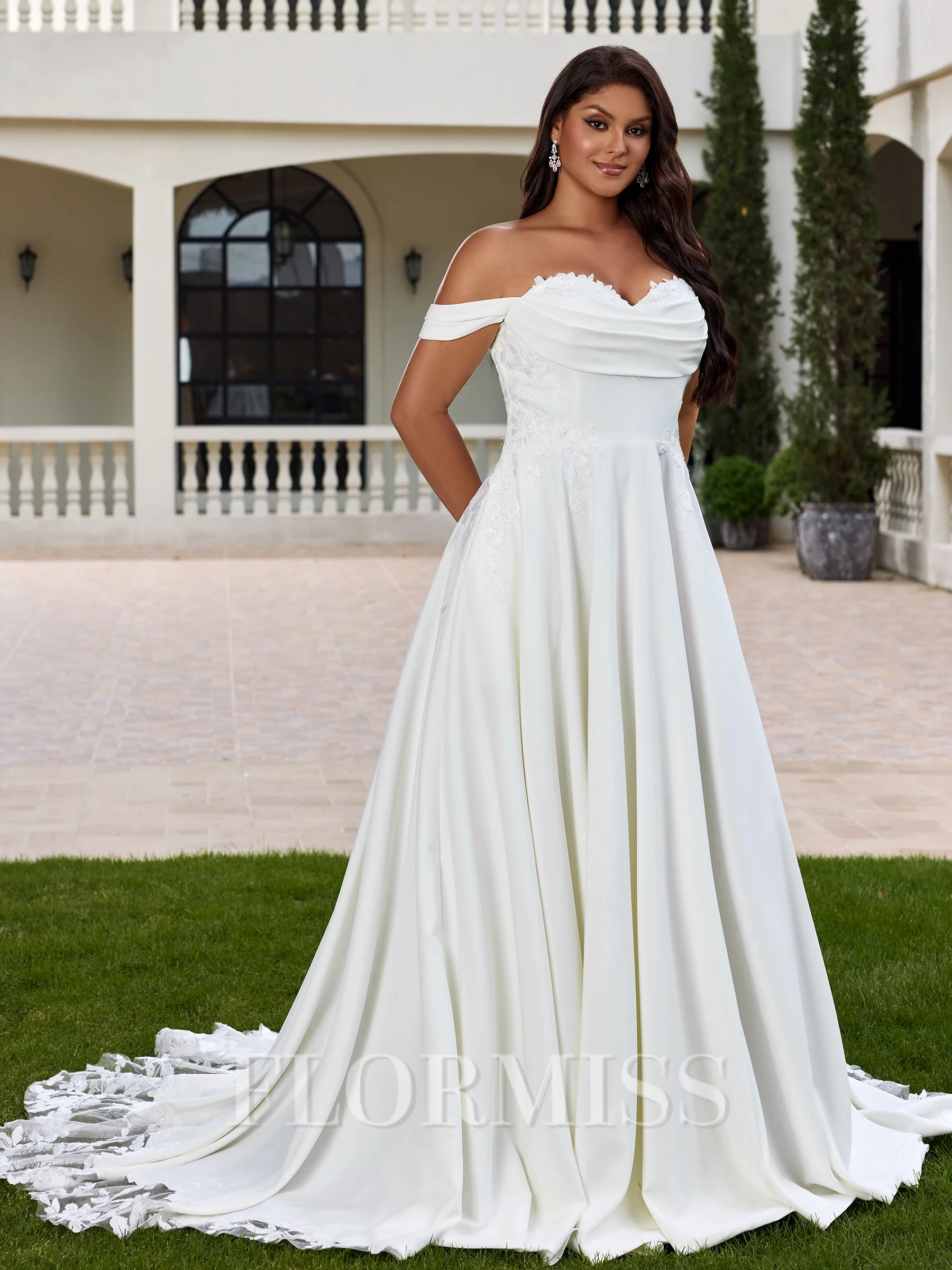 A-line Off-the-Shoulder Appliques Lace Chapel Train Stretch Crepe Plus Size Wedding Dress