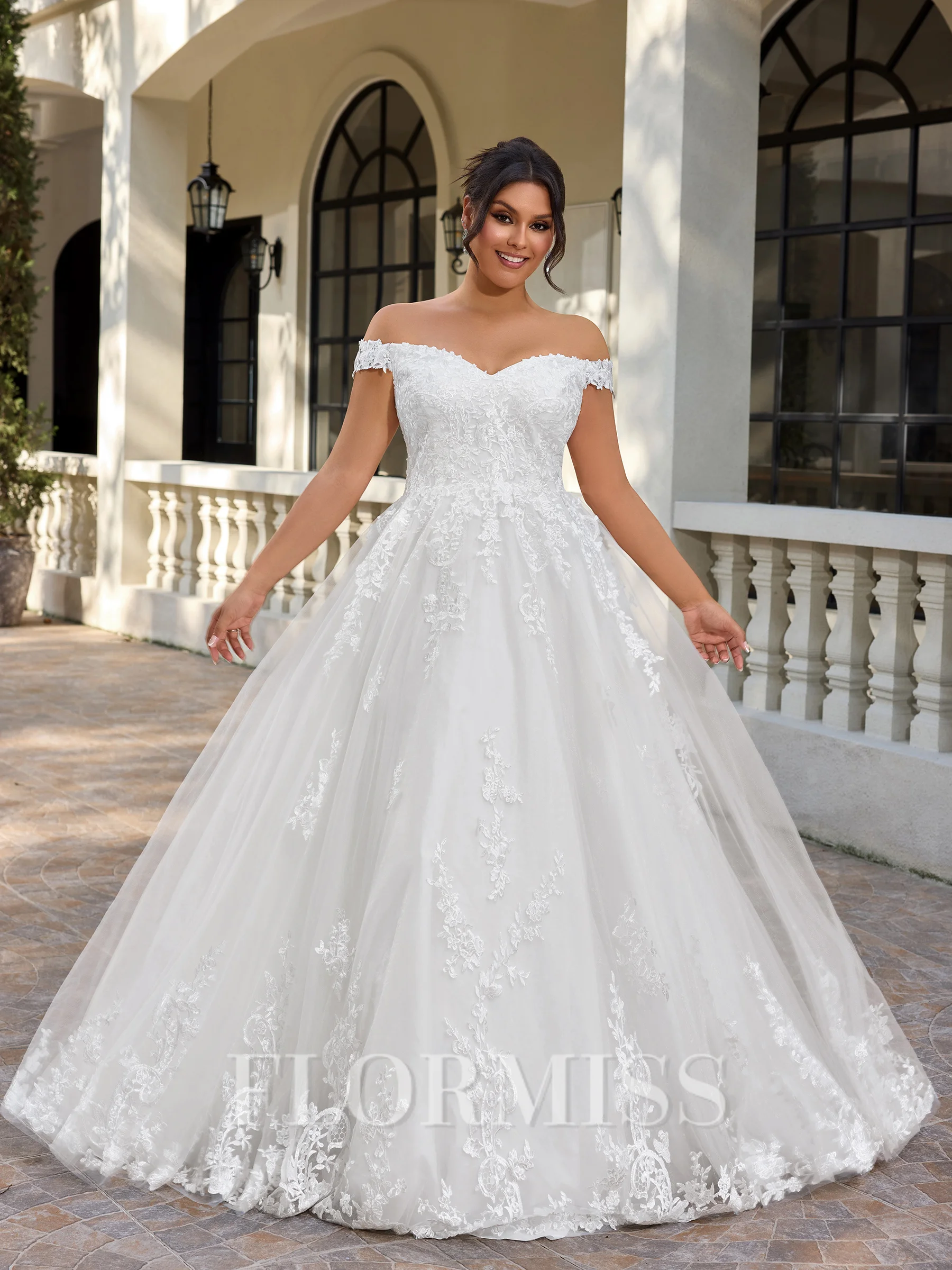 A-line Off-the-Shoulder Appliques Lace Sweep Train Tulle Corset Plus Size Wedding Dress