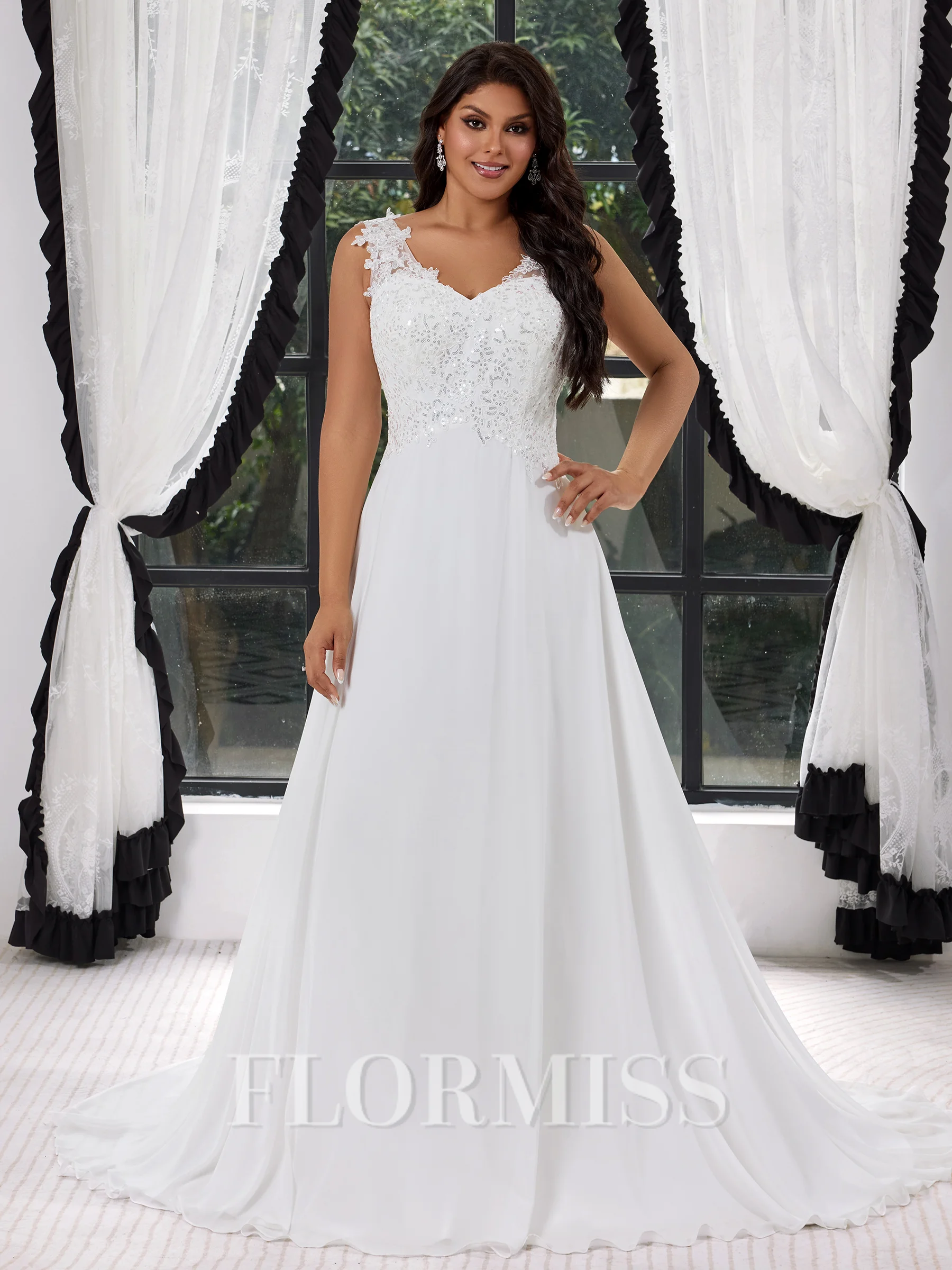 A-line V-neck Appliques Lace Sweep Train Chiffon Corset Plus Size Wedding Dress