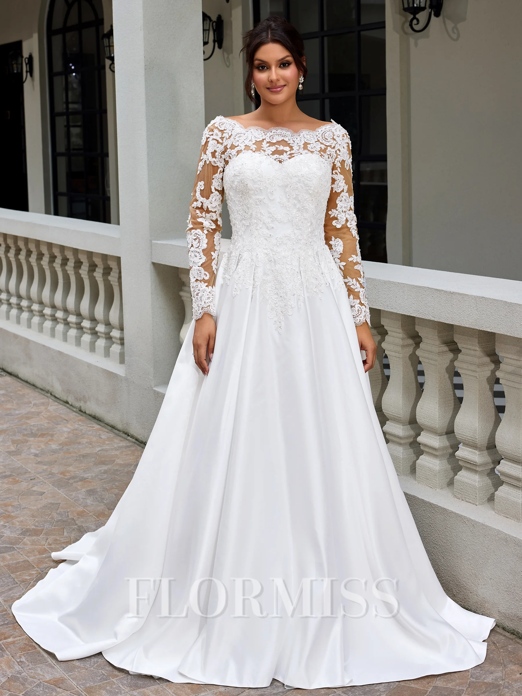 A-line Scoop Long Sleeves Appliques Lace Court Train Satin Plus Size Wedding Dress