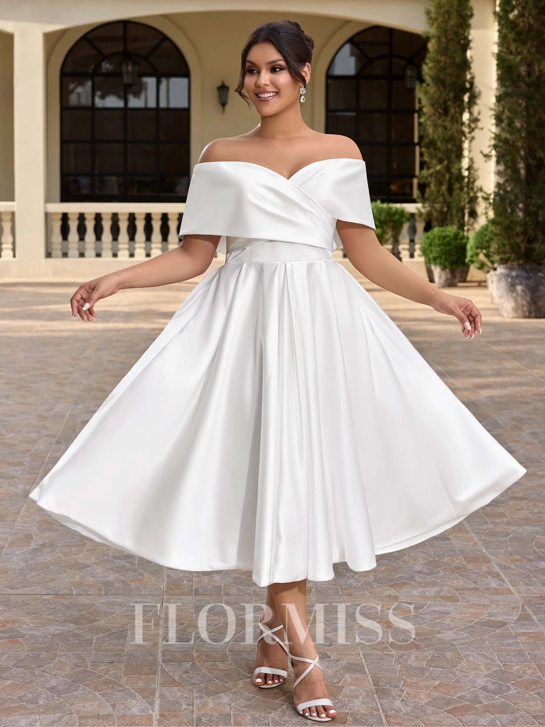 A-line Off-the-Shoulder Pleated Tea-Length Satin Corset Plus Size Wedding Dress