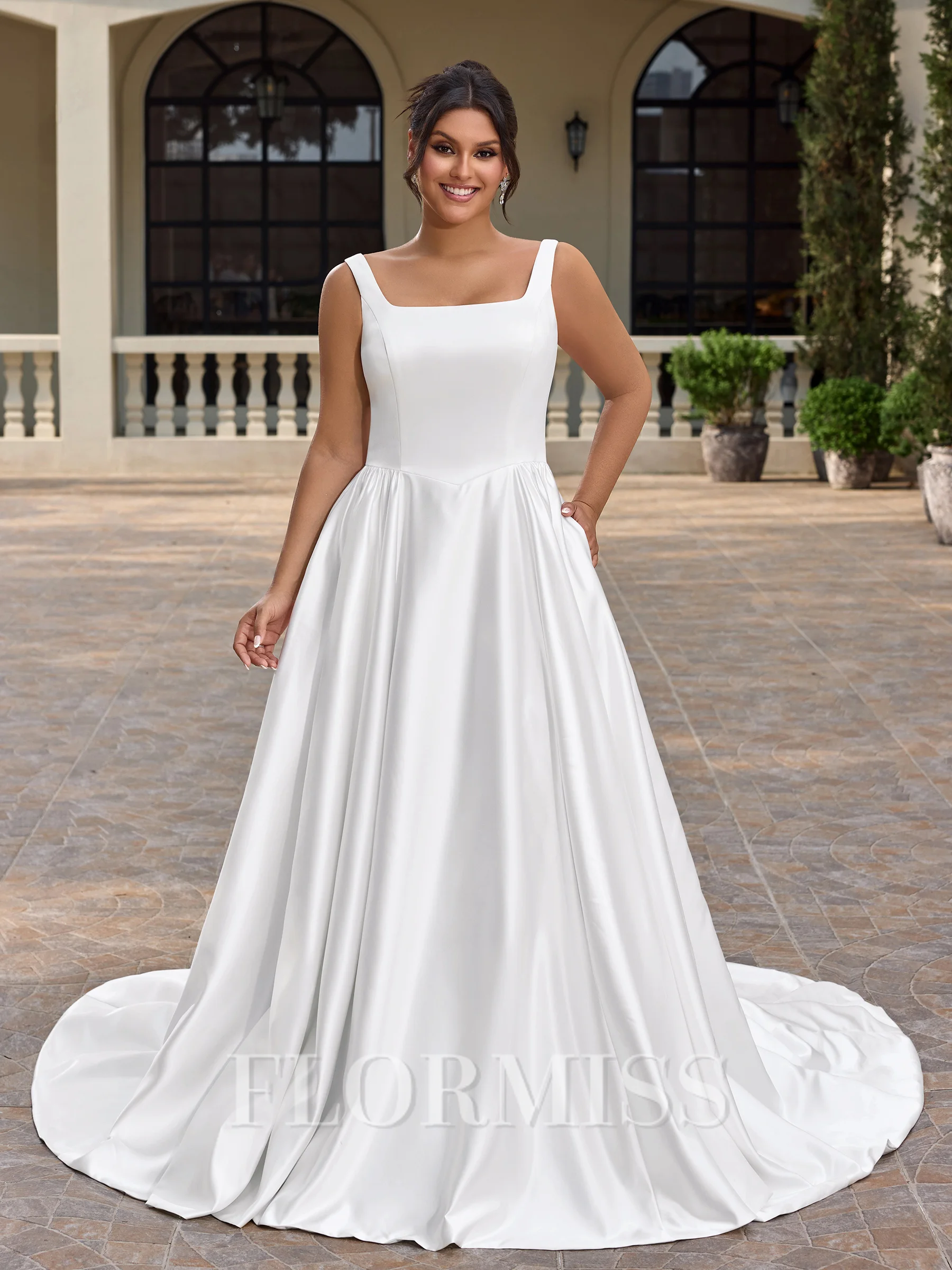 A-line Square Chapel Train Satin Plus Size Wedding Dress