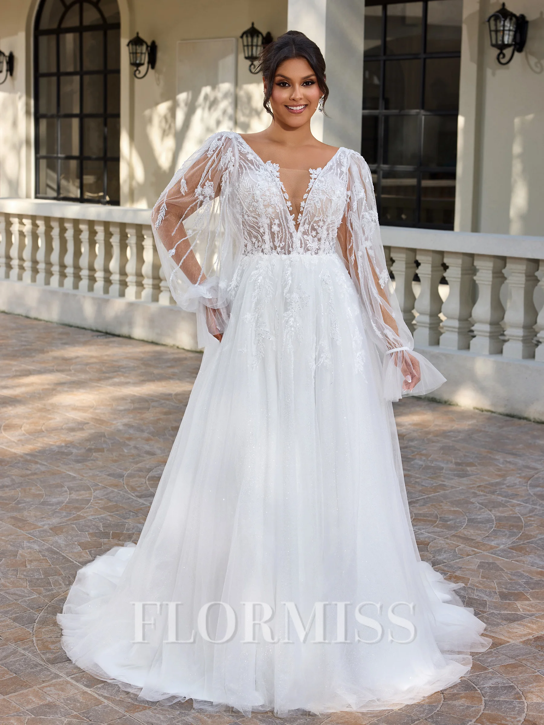 A-line V-neck Long Sleeves Appliques Lace Court Train Tulle Plus Size Wedding Dress