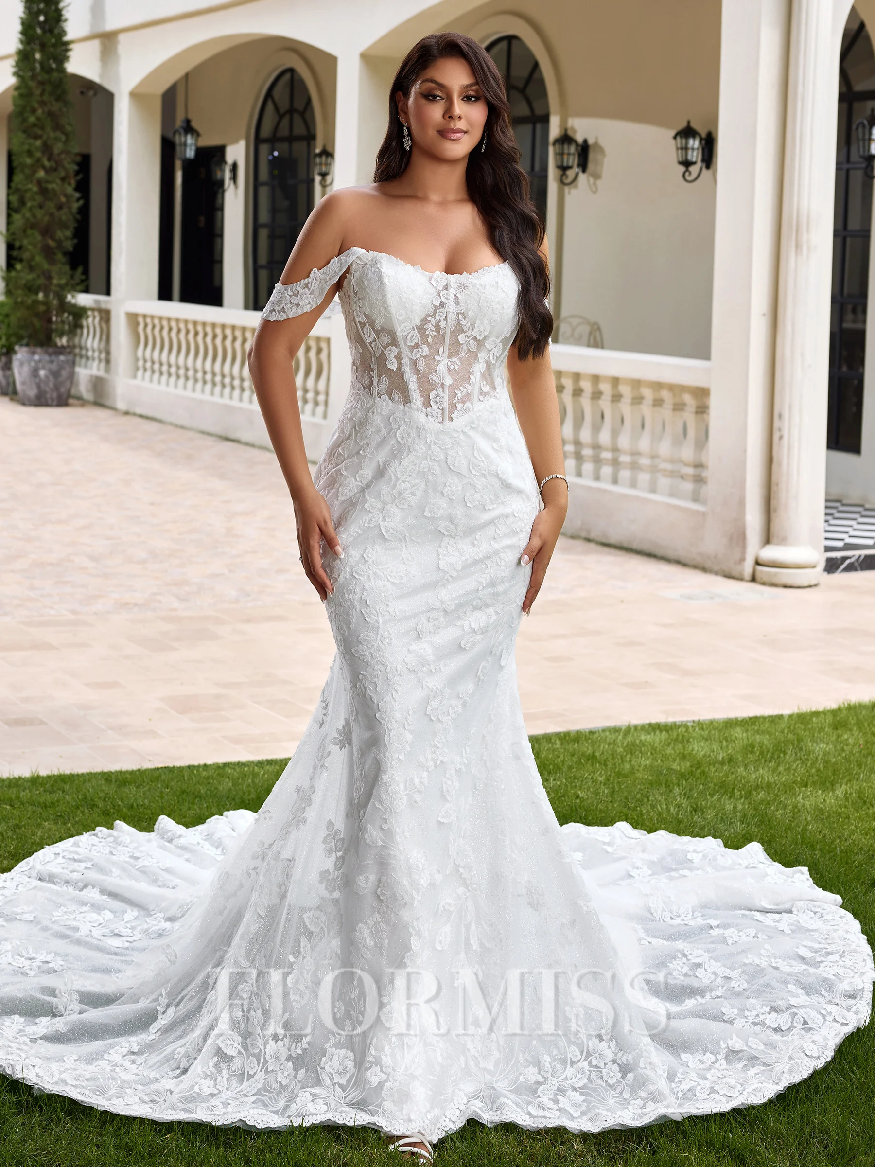 Sheath Off-the-Shoulder Appliques Lace Chapel Train Lace Corset Plus Size Wedding Dress