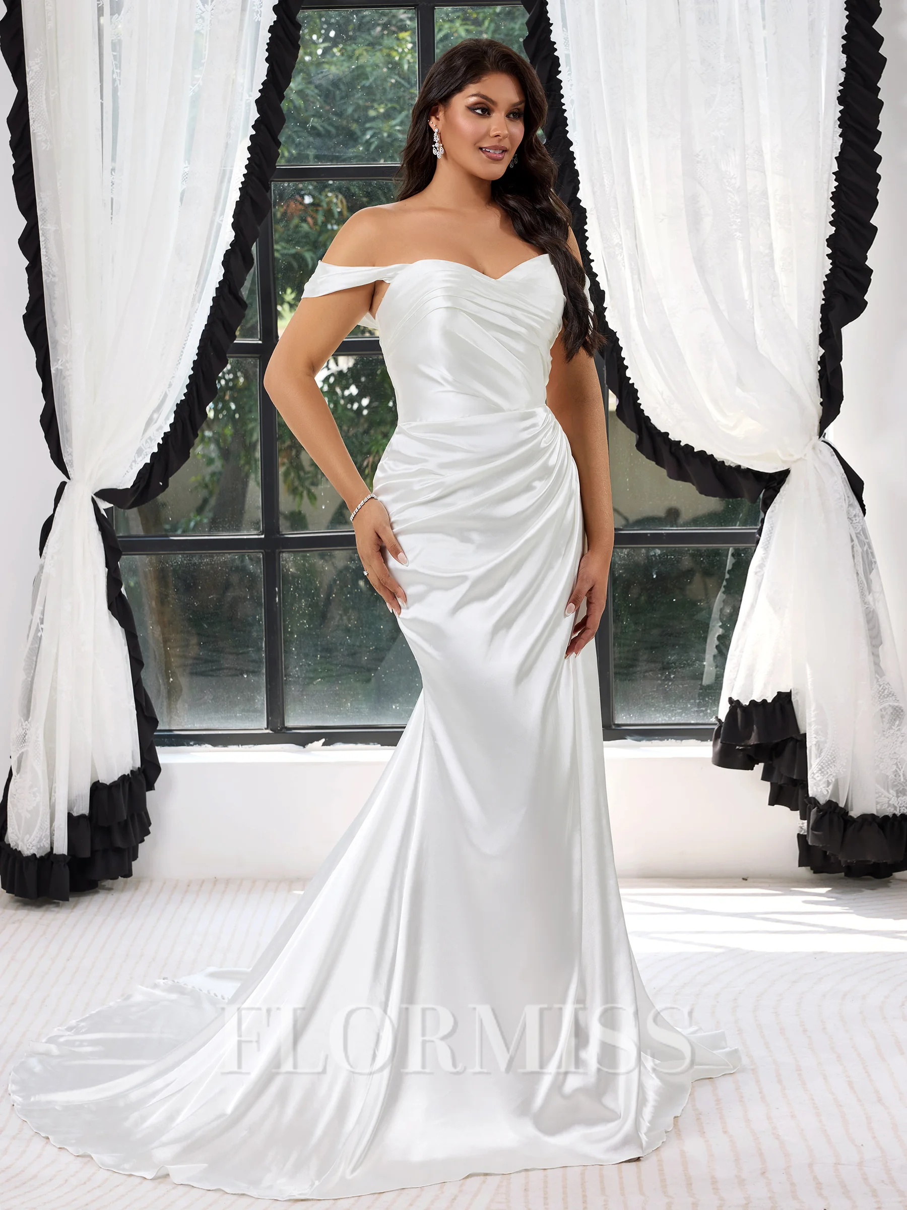 Sheath Off-the-Shoulder Pleated Court Train Silk Like Satin Corset Plus Size Wedding Dress