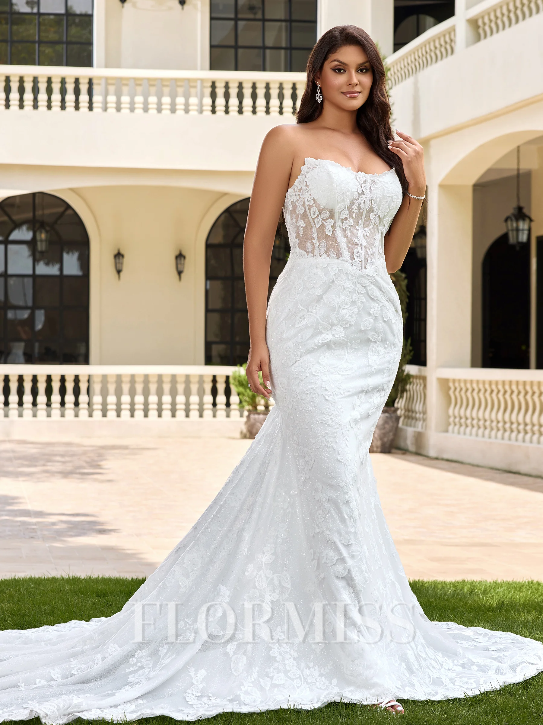 Sheath Off-the-Shoulder Appliques Lace Chapel Train Lace Corset Plus Size Wedding Dress