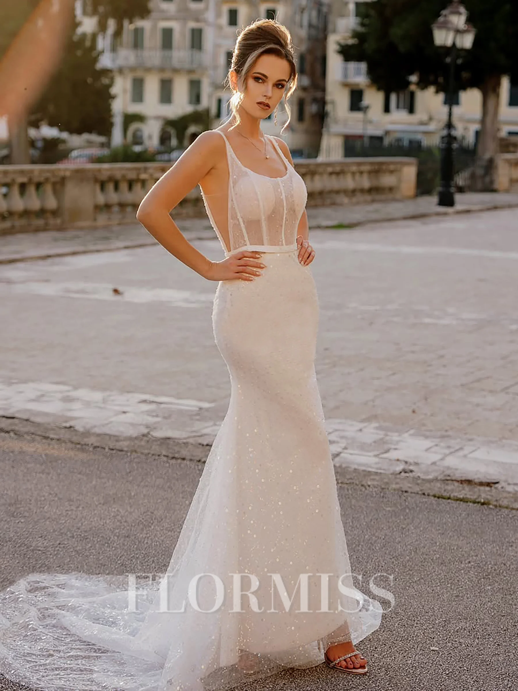 Sheath Square Chapel Train Corset Wedding Dress