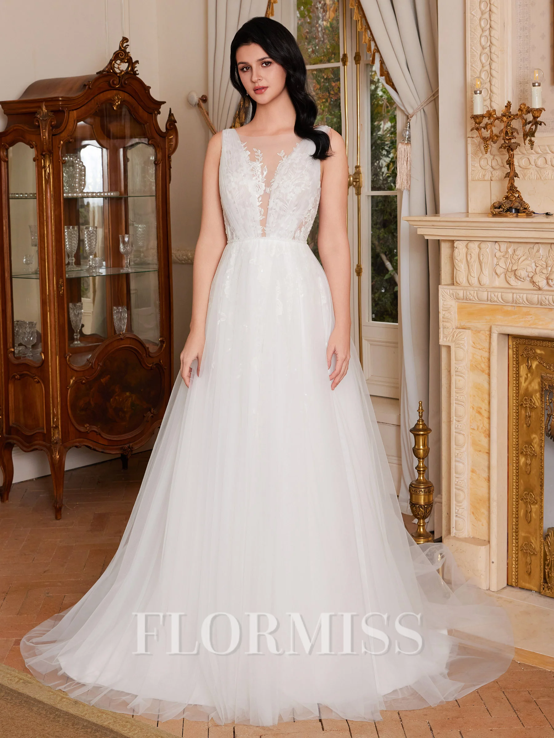 A-line Scoop Appliques Lace Sweep Train Tulle Wedding Dress