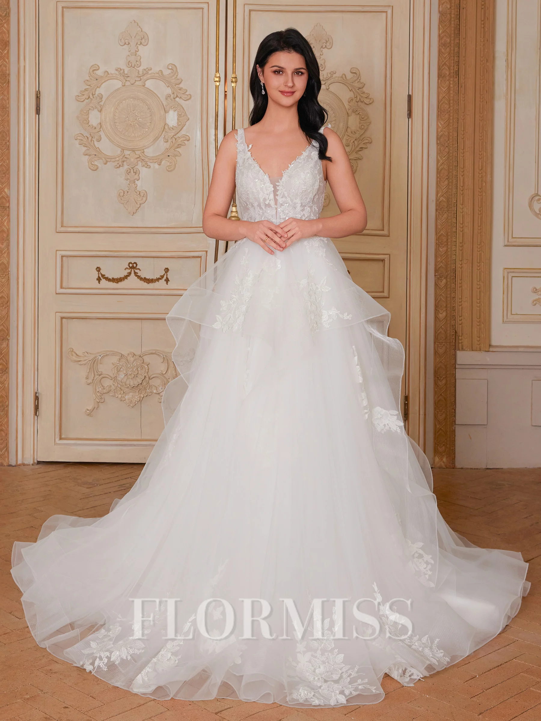 A-line V-neck Appliques Lace Sweep Train Tulle Wedding Dress