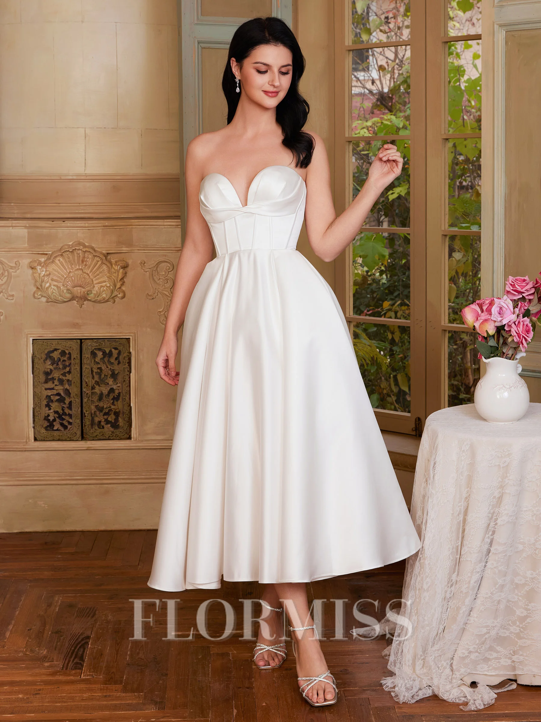 A-line Sweetheart Pleated Tea-Length Satin Corset Wedding Dress