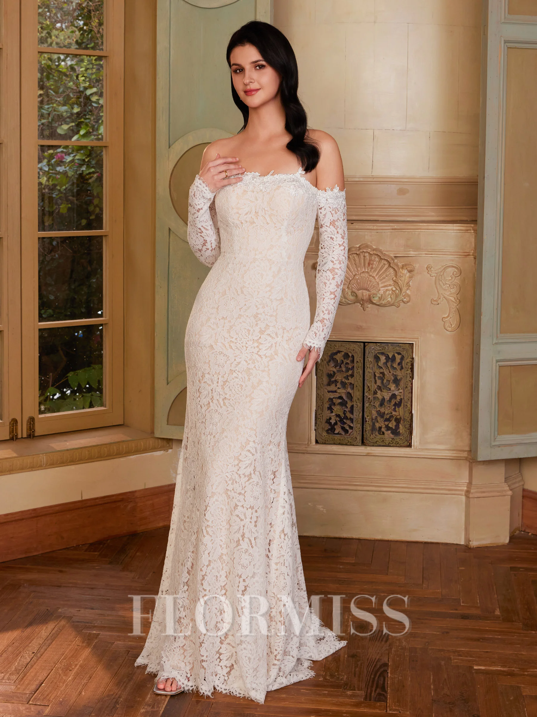 Sheath Off-the-Shoulder Long Sleeves Floor-Length Lace Corset Wedding Dress